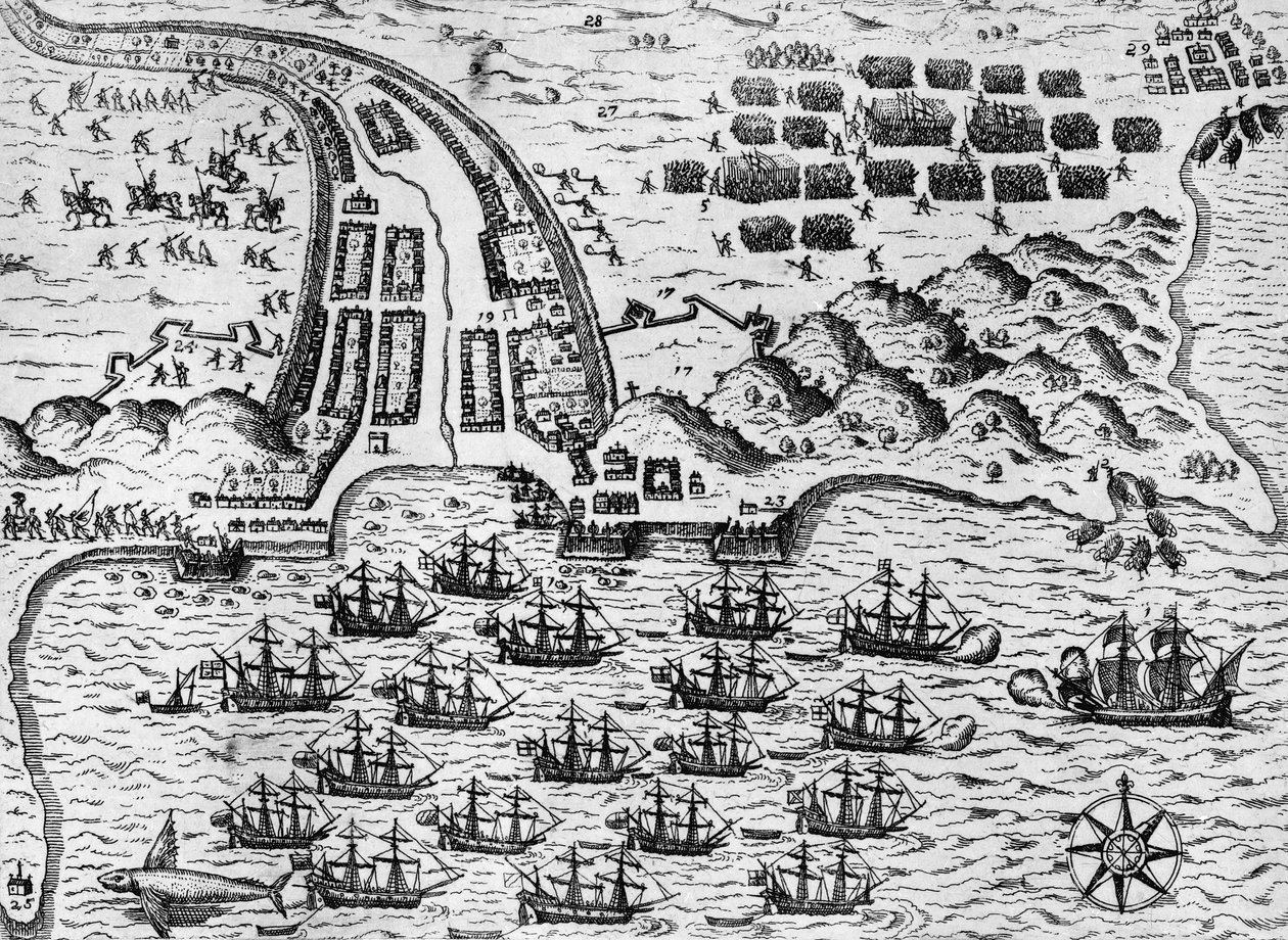 Aanval op Santiago op 27 november 1585 (gravure) door Theodore de Bry