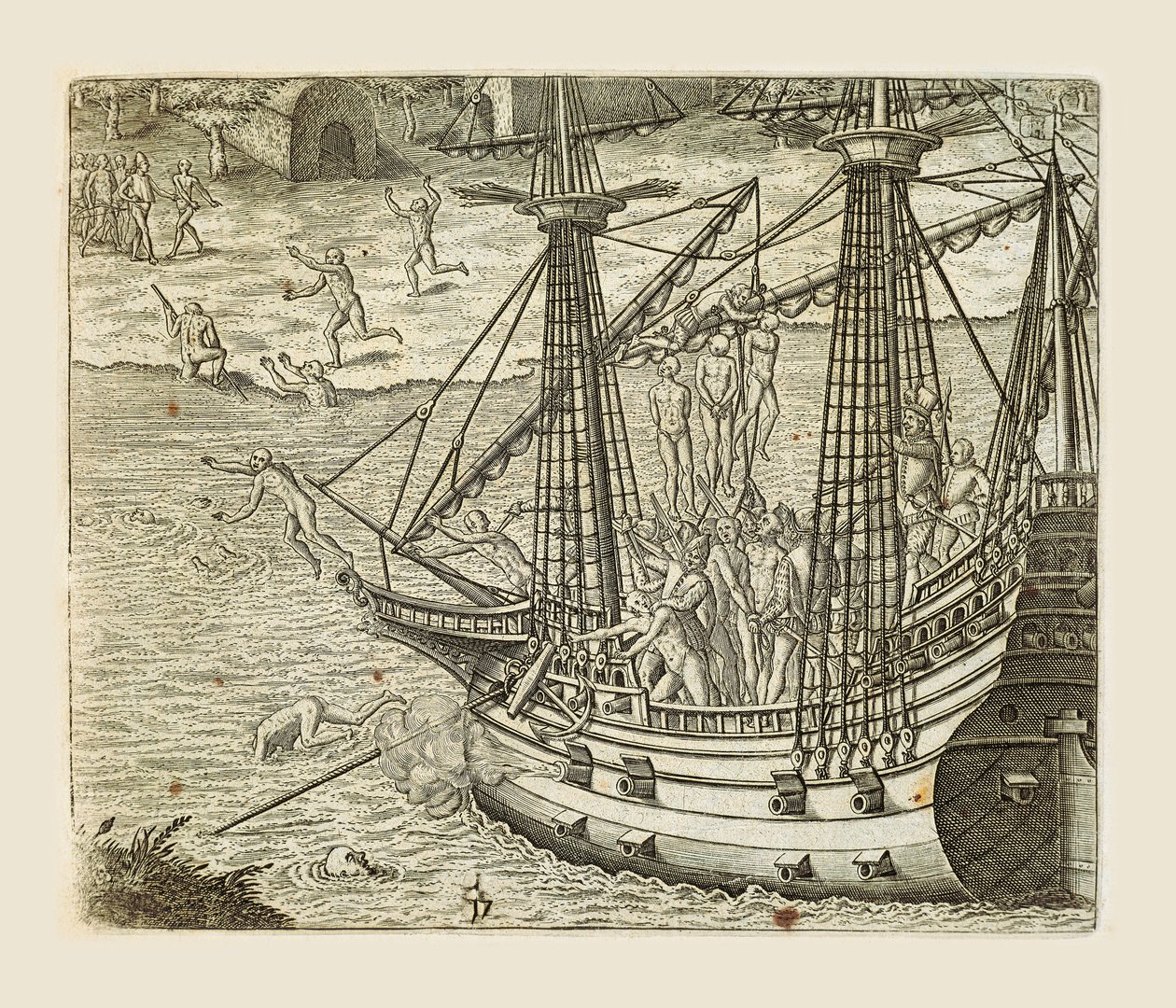 Bartolomeo Diaz hangt enkele Indianen op aan een karveel, gravure door Theodor de Bry (1528-1598) uit Americae pars quarta, sive, Insignis et admiranda historia de reperta primum Occidentali India Christophoro Columbo, door Girolamo Benzoni door Theodore de Bry
