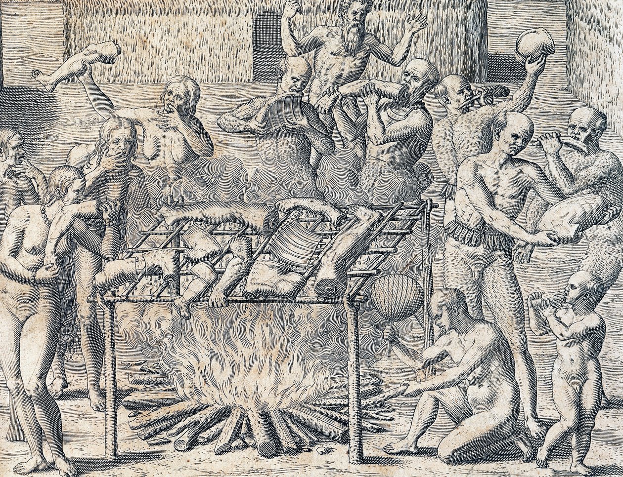 Kannibalisme van stammen in het binnenland van Brazilië, gravure uit American History door Theodore de Bry