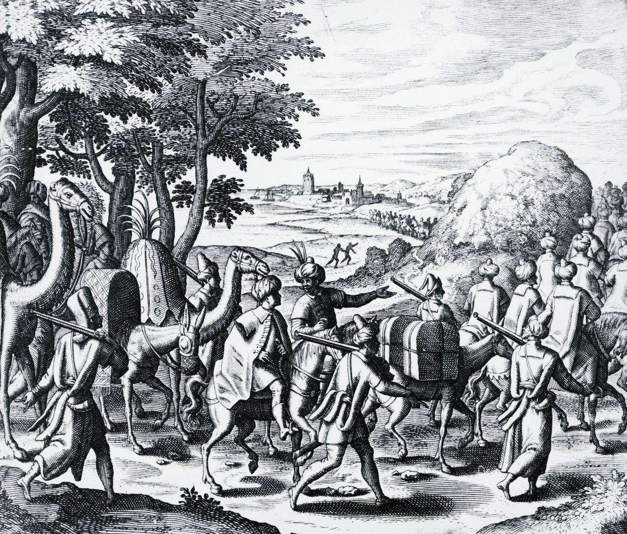 Karavaan van Arabische kooplieden die van Aleppo naar Basra reizen, gravure uit Grands and Petits Voyages, Midden-Oosten door Theodore de Bry