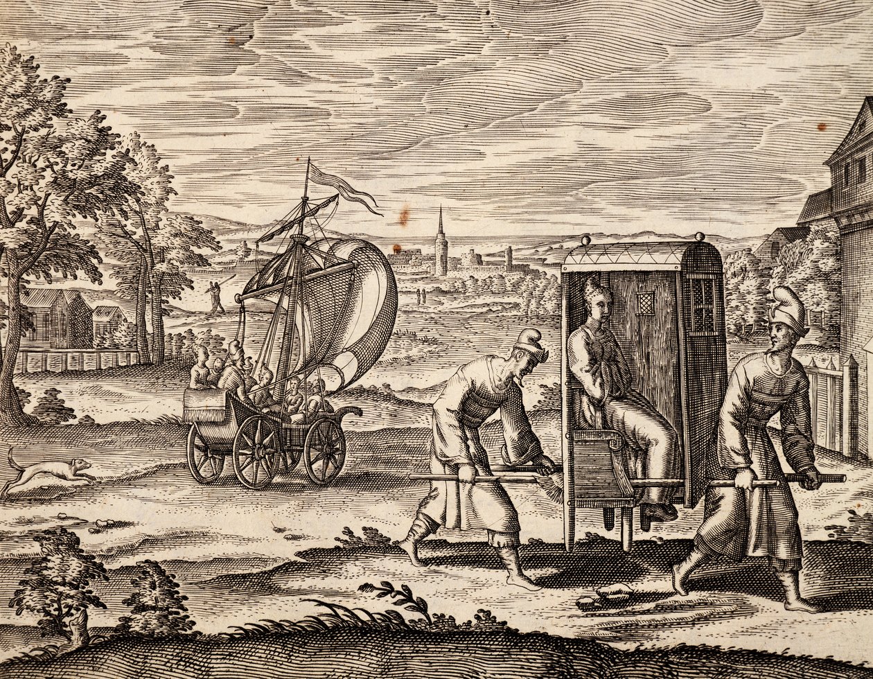 Chinese draagstoel, Oost-Indië, gravure uit werk door Theodor de Bry, China door Theodore de Bry