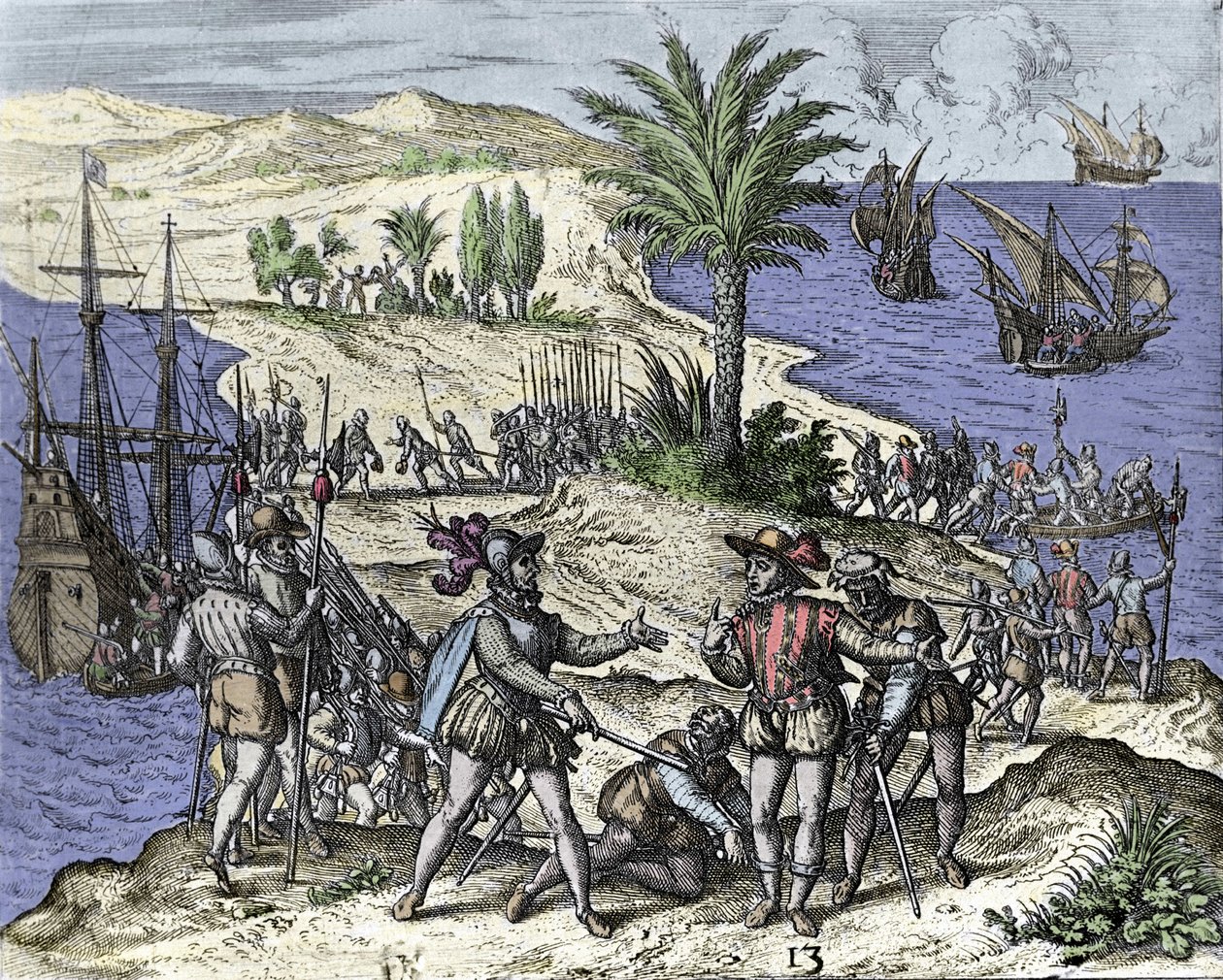 Christoffel Columbus en zijn broer werden gearresteerd door Francisco de Bobadilla in 1500. Gravure door Théodore de Bry (1528-1598). door Theodore de Bry