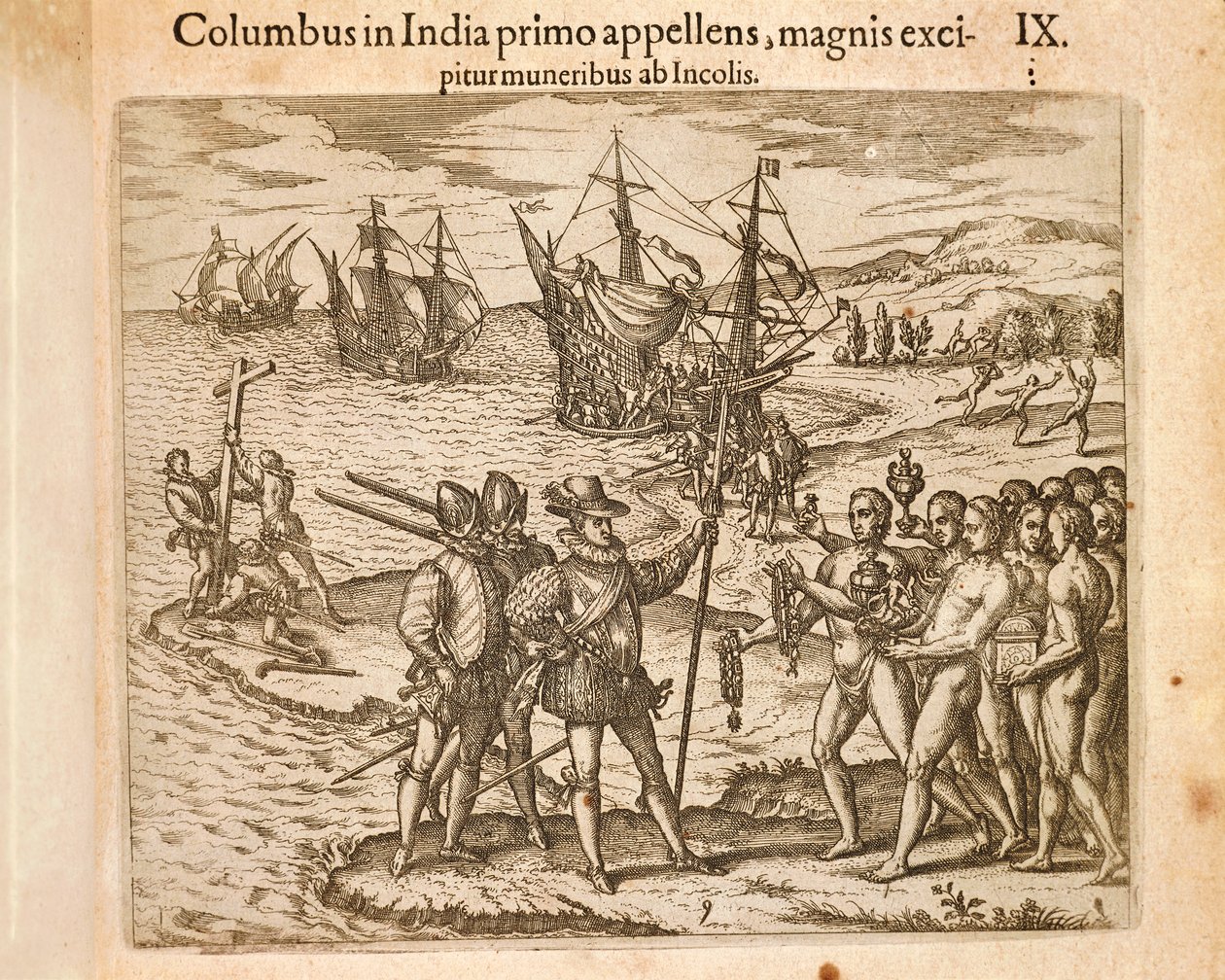 Christoffel Columbus landt op het eiland Guanahani (San Salvador) 12 oktober door Theodore de Bry