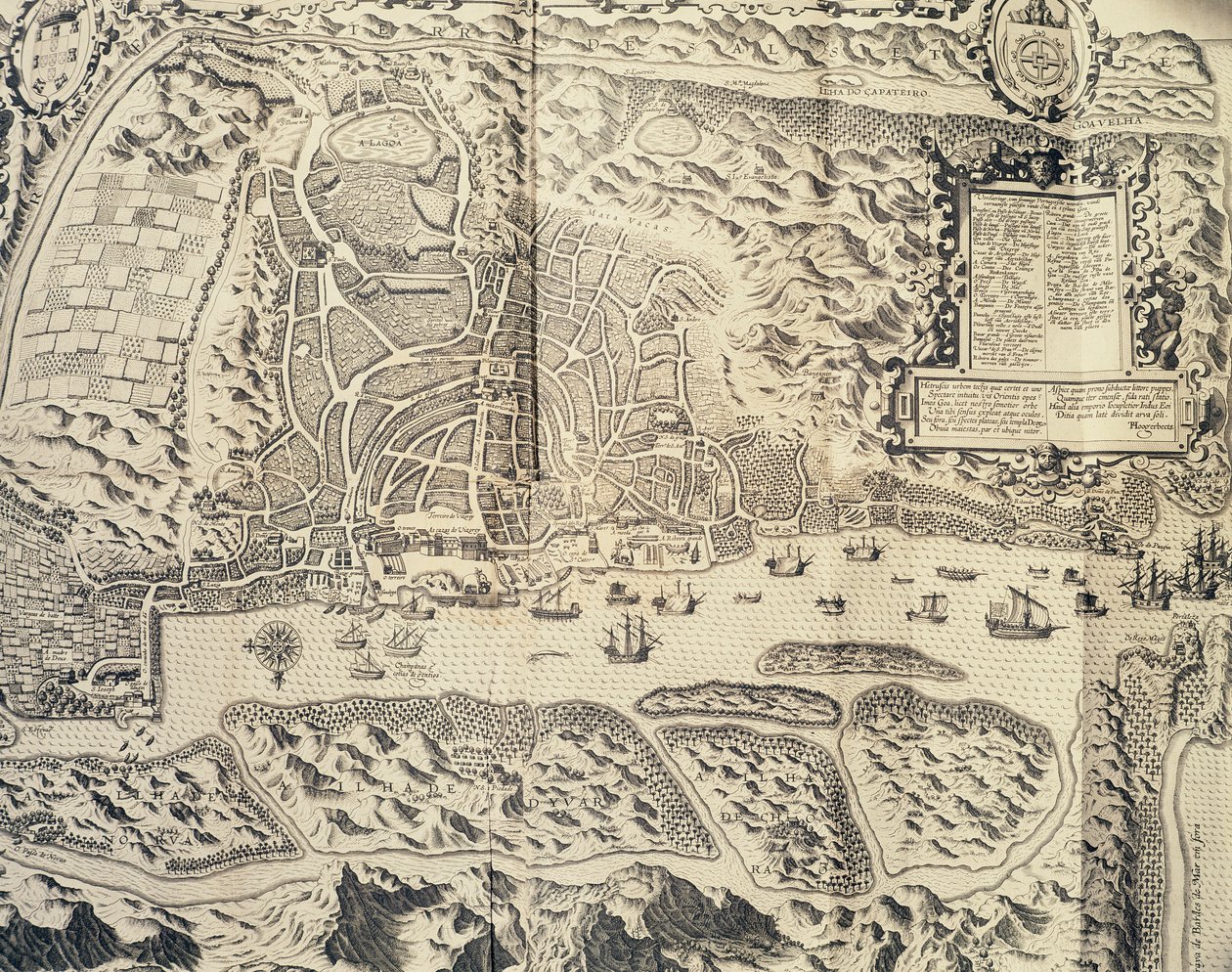 Stad Goa in India, gravure door Theodor de Bry uit reisverslag van Jan Huyghen van Linschoten naar Portugees Oost-Indië 1579-1592, 16e eeuw door Theodore de Bry