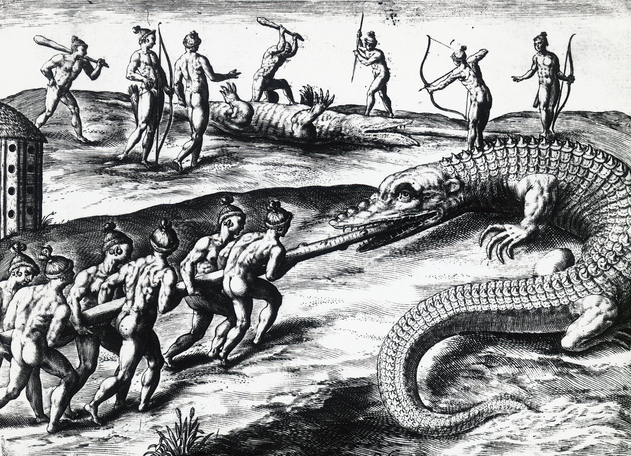 Krokodillenjacht in Florida, naar schilderij van Jacques le Moyne de Morgues, door Theodor de Bry, gravure door Theodore de Bry