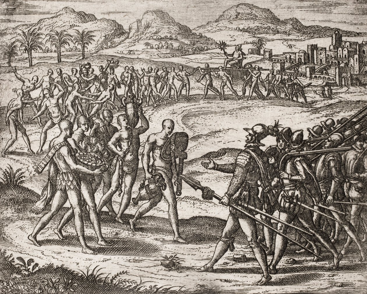 Beschrijving van misdaden begaan tegen Indianen door Spaanse kolonisten - Indianen brengen geschenken en goud naar de Conquistadores - Gravure door Theodore de Bry in 