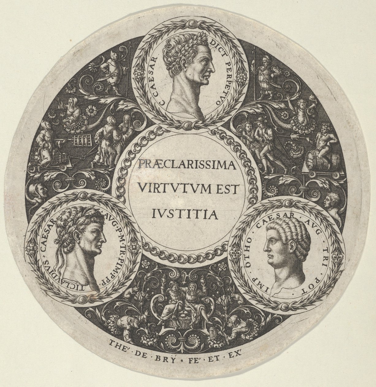 Ontwerp voor een schaal met portretten van de Romeinse keizers Caesar, Claudius en Otho, ca. 1588 door Theodore de Bry