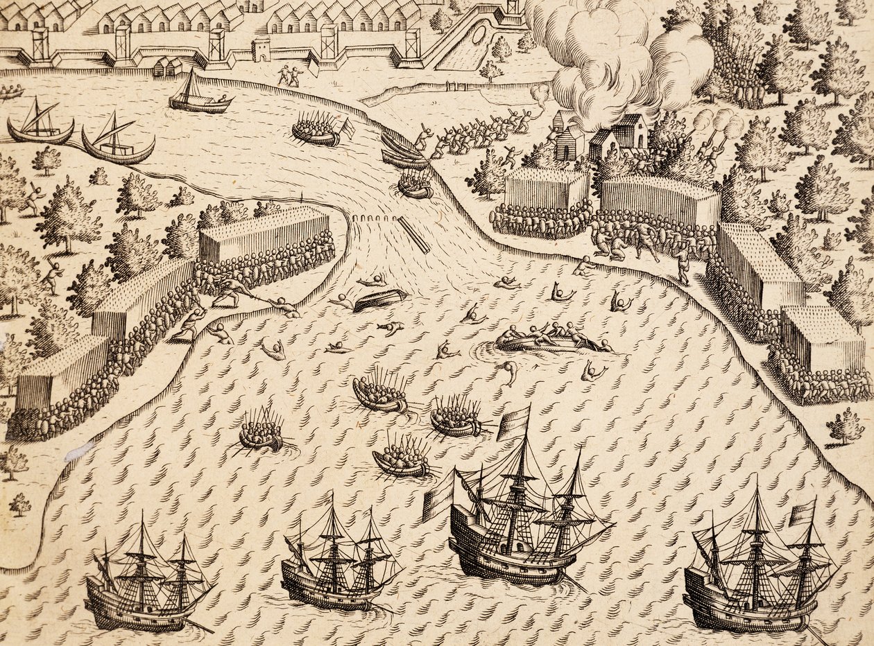 Nederlanders arriveren op Madura-eiland, Java, gravure uit India Orientalis door Theodore de Bry