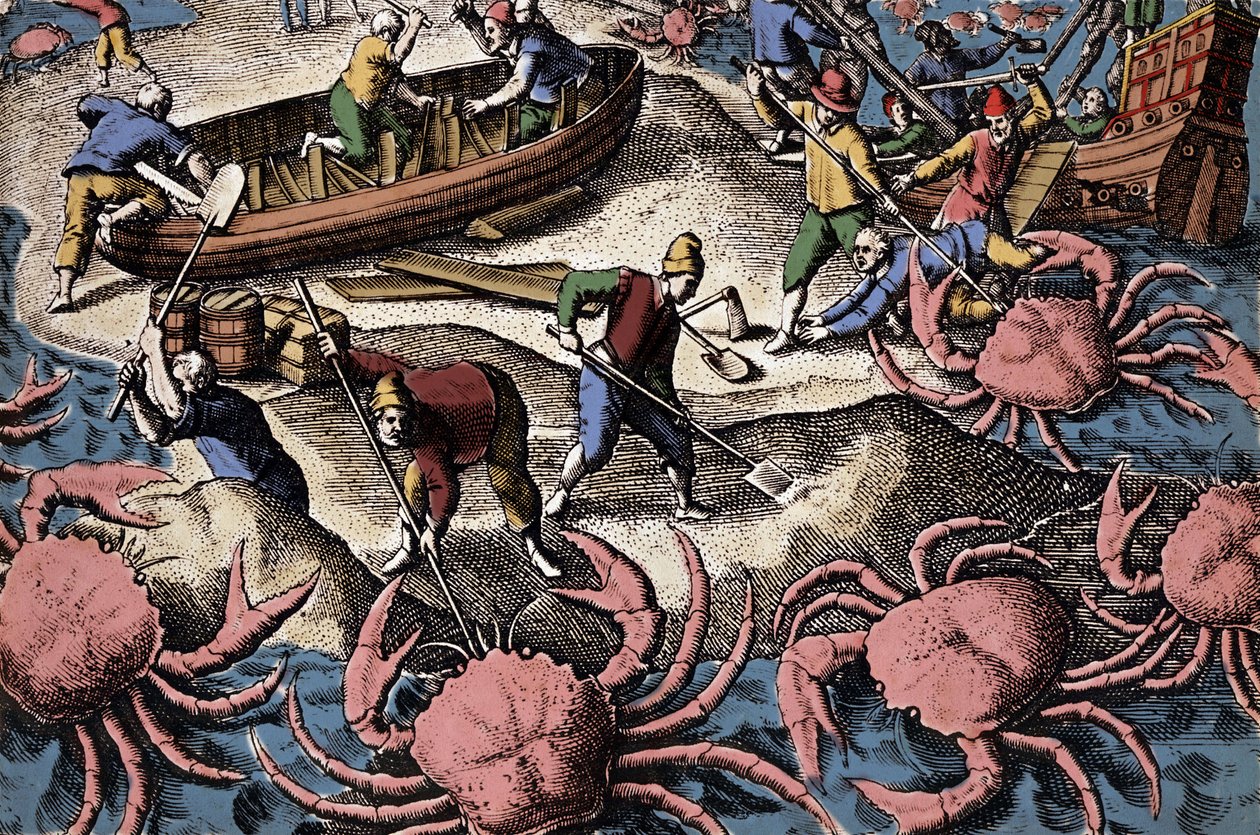 Europese zeevaarders vechten tegen grote krab. Gravure uit "Petities voyages aux Indes Orientales" door Theodore de Bry door Theodore de Bry