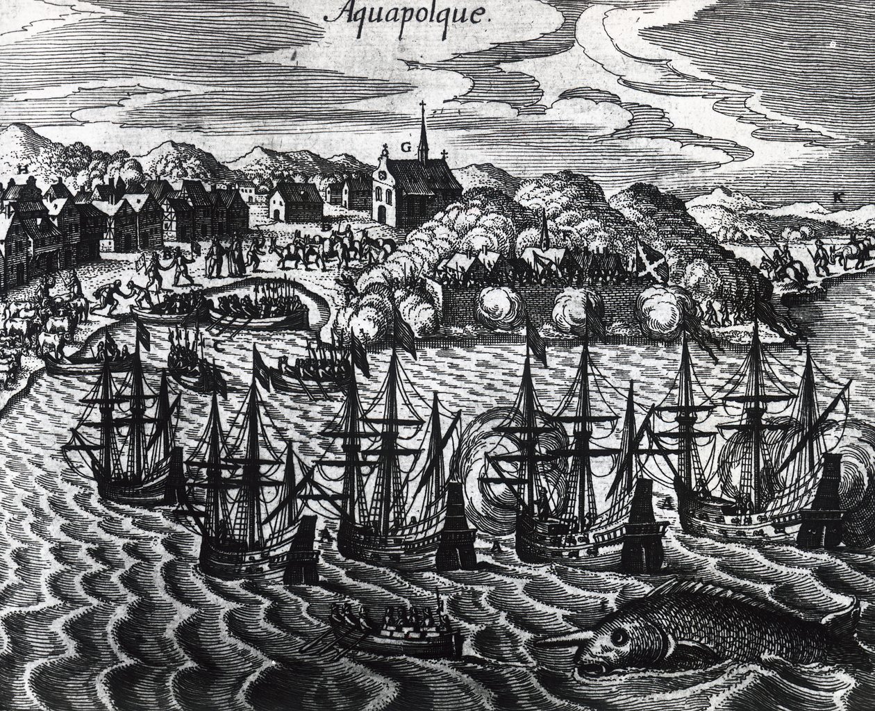 Vloot van galeien in de haven van Acapulco, door Theodor de Bry, gravure door Theodore de Bry