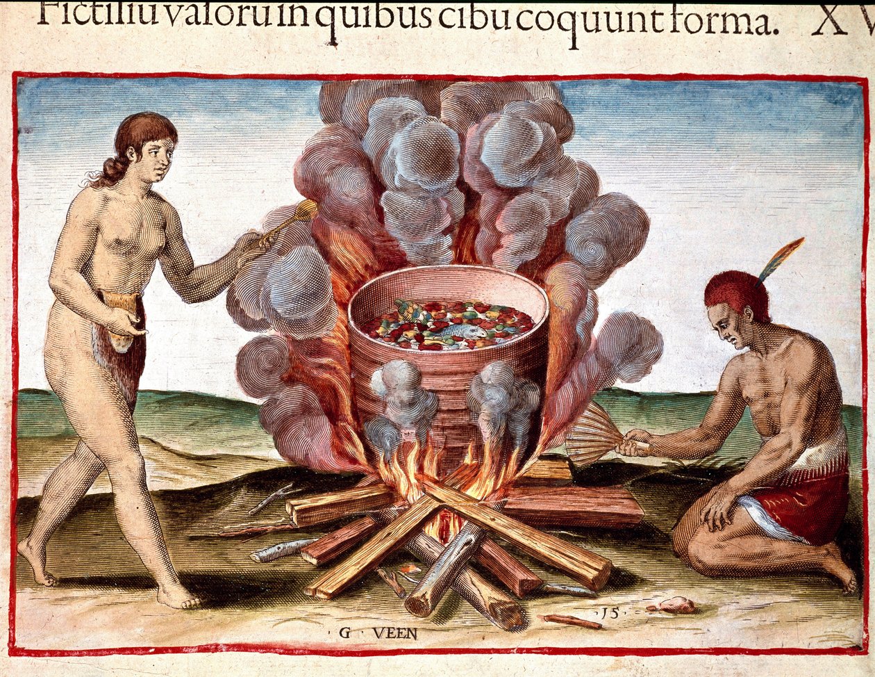 Geschiedenis van Amerika: "Indiaan die vis kookt" Gravure uit "Admirante Narratio Americae" door Theodore de Bry (1528-1598) door Theodore de Bry
