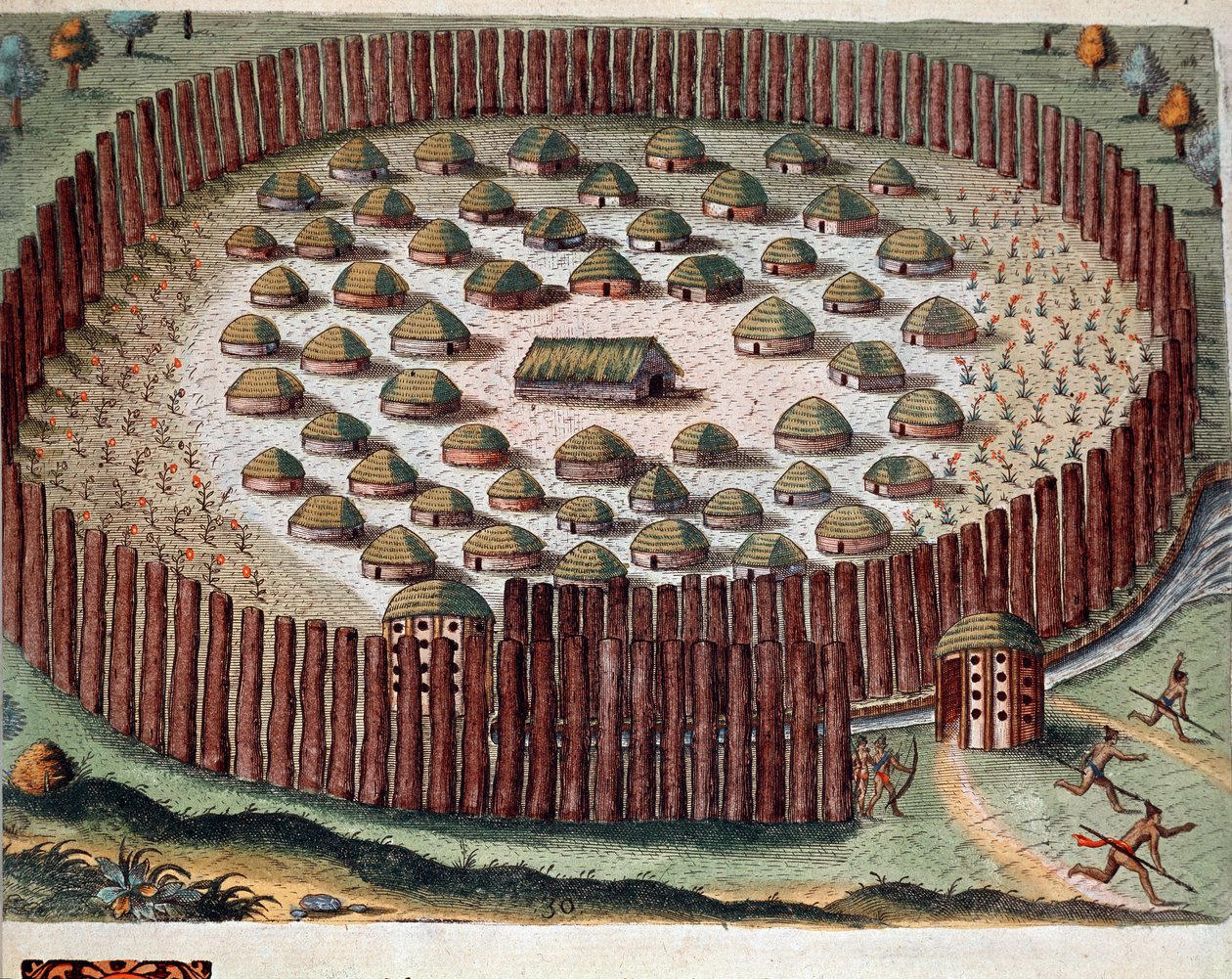 Geschiedenis van Amerika: voorstelling van een Indiaans dorp in Florida. Gravure uit 