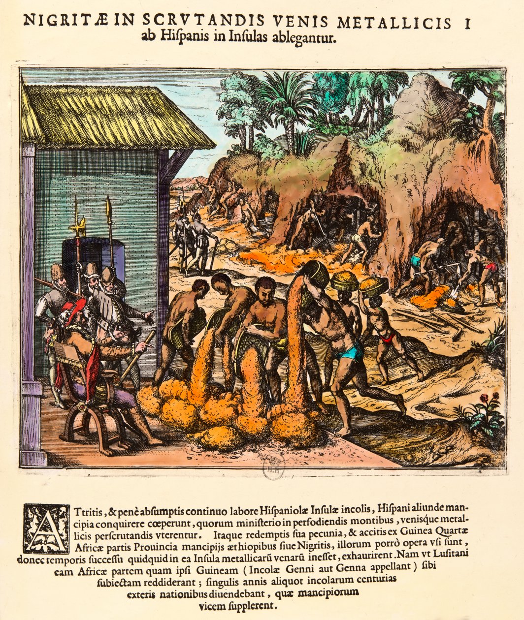 Geschiedenis van Amerika: Spanjaarden exploiteren goudmijnen. De Indianen werken onder het toeziend oog van de kolonisten. Gravure door Theodor de Bry (1528-1598). 16e eeuw Privécollectie door Theodore de Bry
