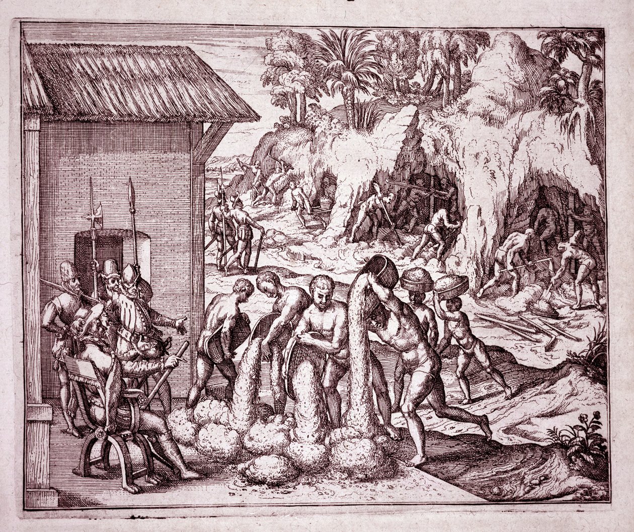 Geschiedenis van Amerika: de Spanjaarden exploiteren de goudmijnen (Gravure) door Theodore de Bry