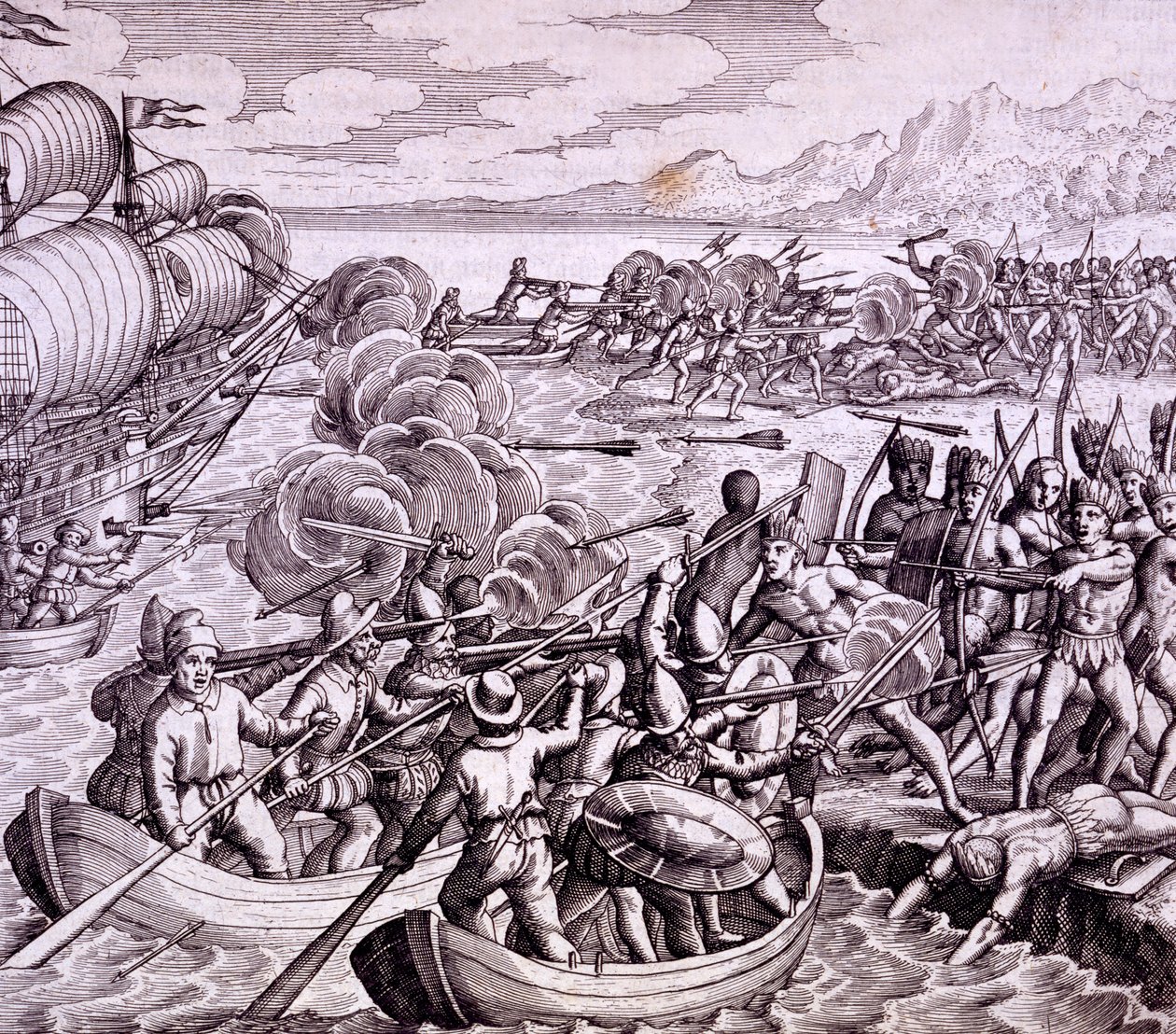 Hoe de Spanjaarden landden op het eiland Haïti, met 400 man wat leidde tot een grote slag met de inboorlingen, illustratie uit 