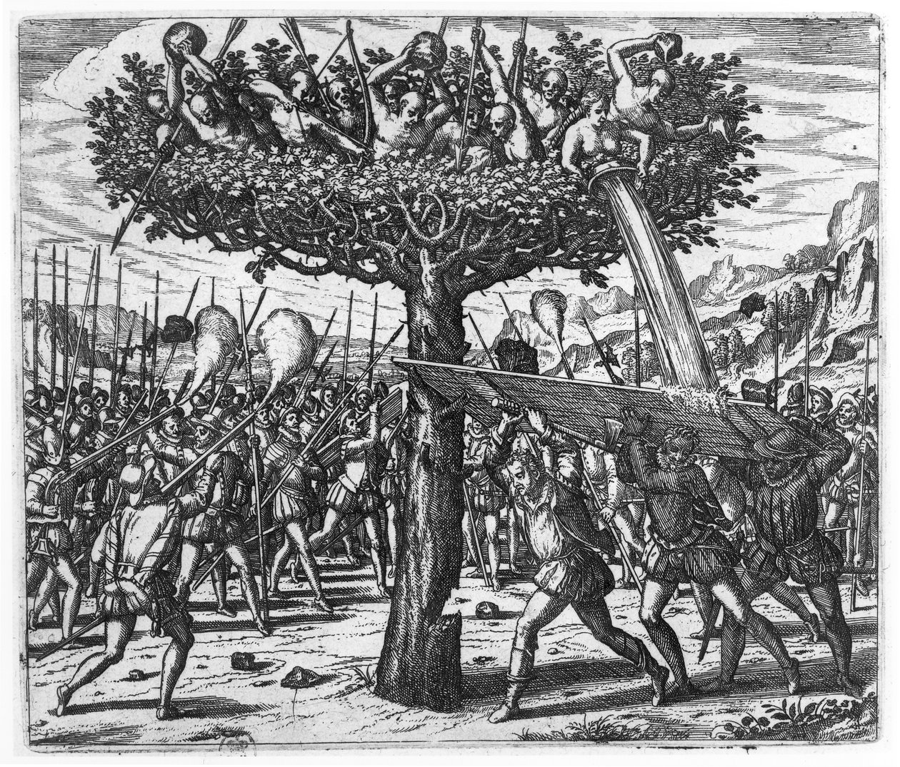 Indianen in een Boom die Projectielen naar de Spanjaarden Gooien door Theodore de Bry