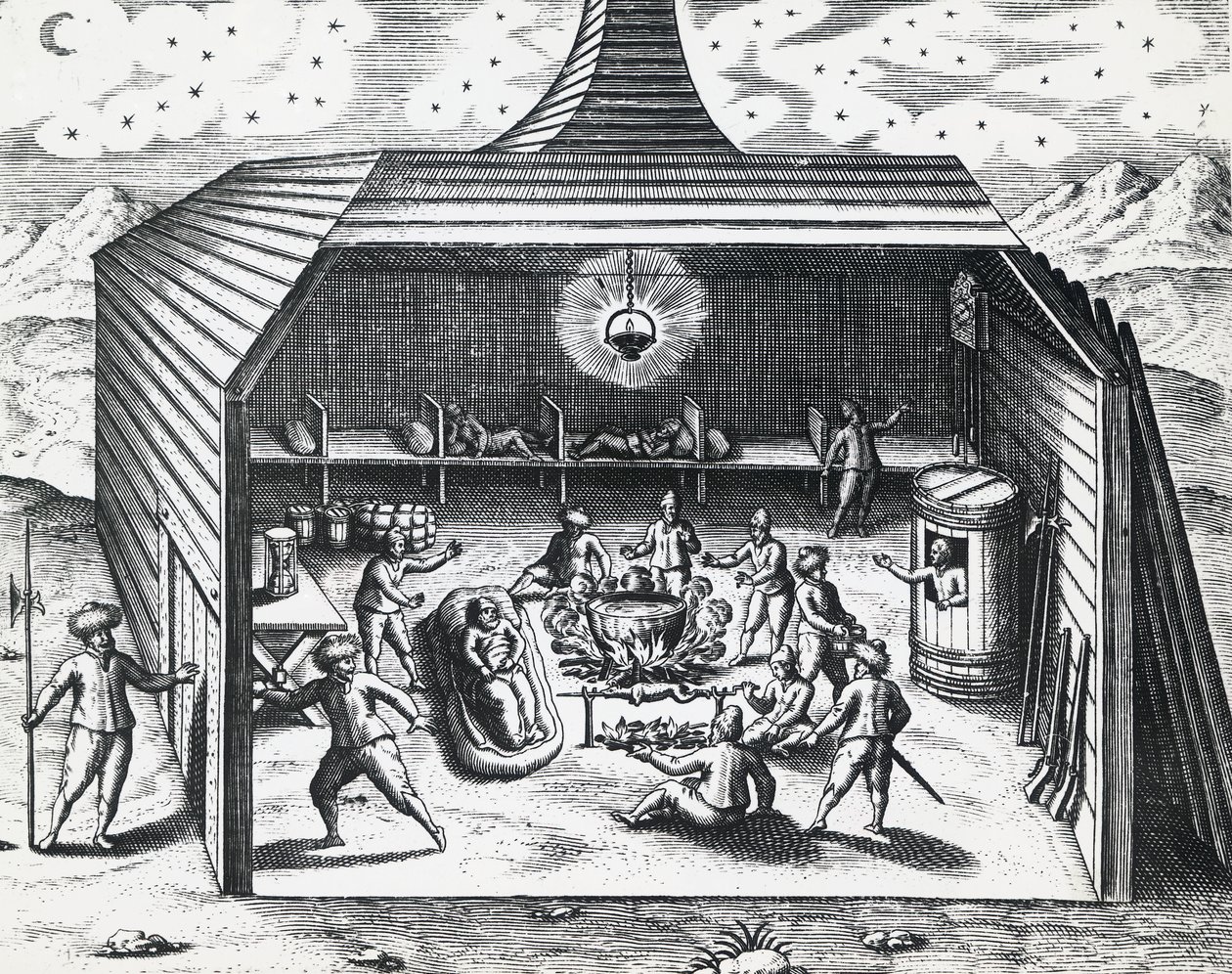 Interieur van het winterhuis van William Barents op de Russische archipel Novaya Zemlya, gravure door Theodore de Bry