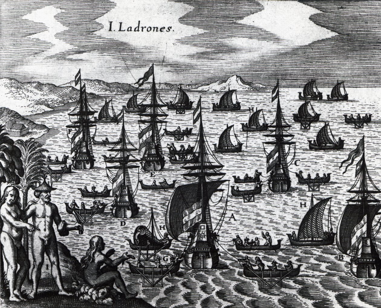 Eilanden van dieven (Islas de los Ladrones, tegenwoordig Marianen eilanden), gravure uit Peregrinationes, door Theodor de Bry door Theodore de Bry