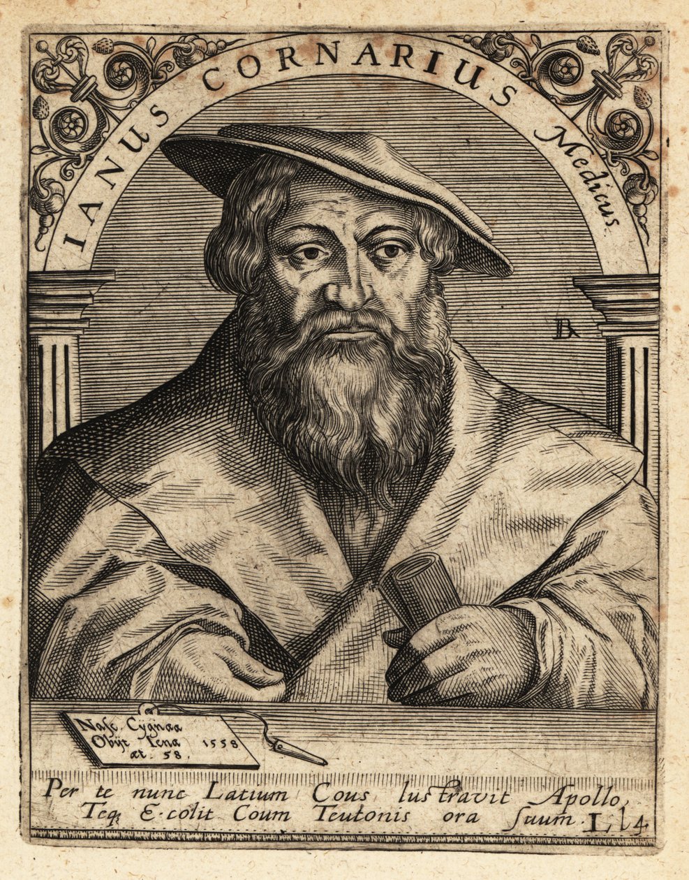 Janus Cornarius, Saksische humanist, ca. 1500-1558 door Theodore de Bry