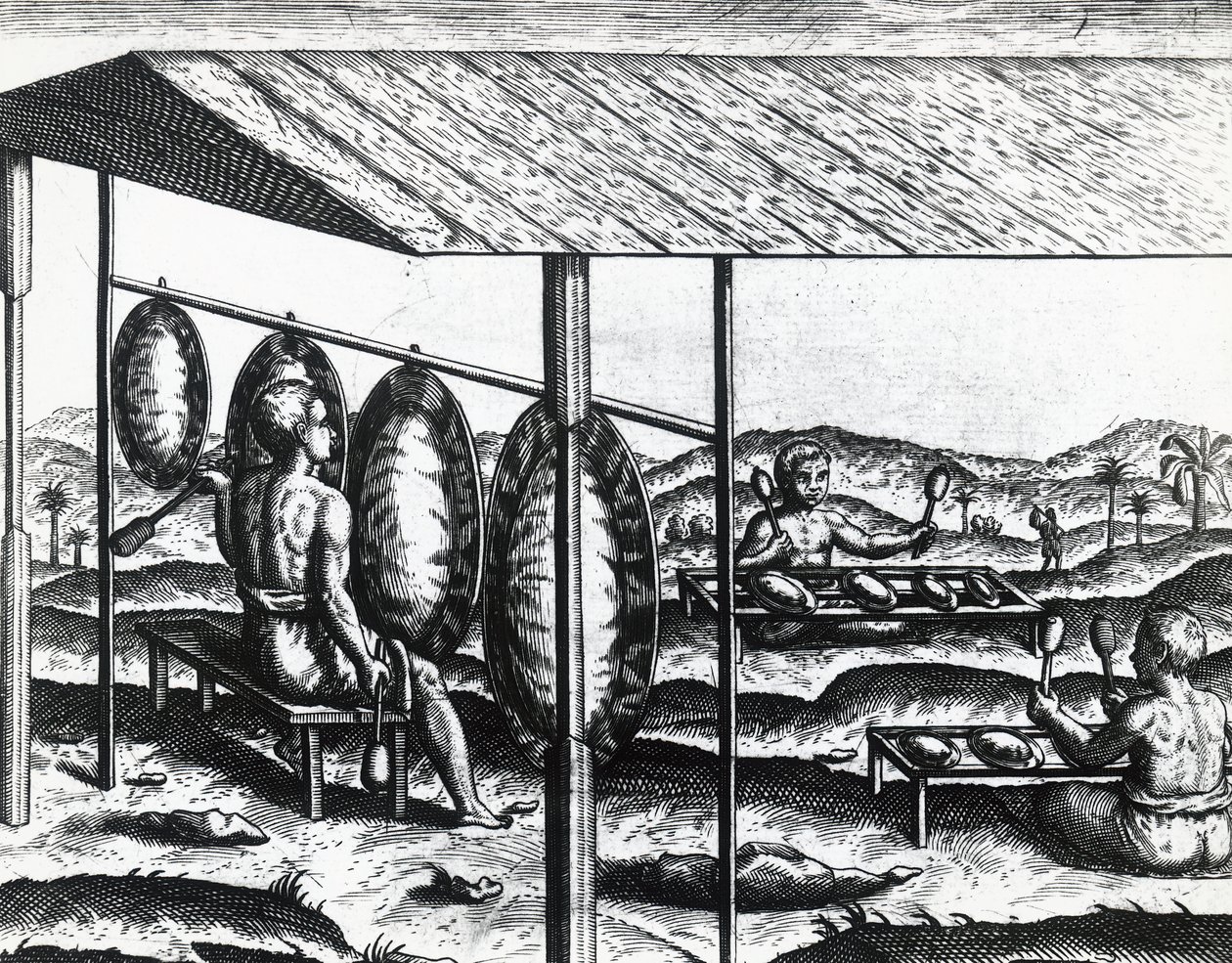 Javaanse muziekinstrumenten, gravure door Theodore de Bry