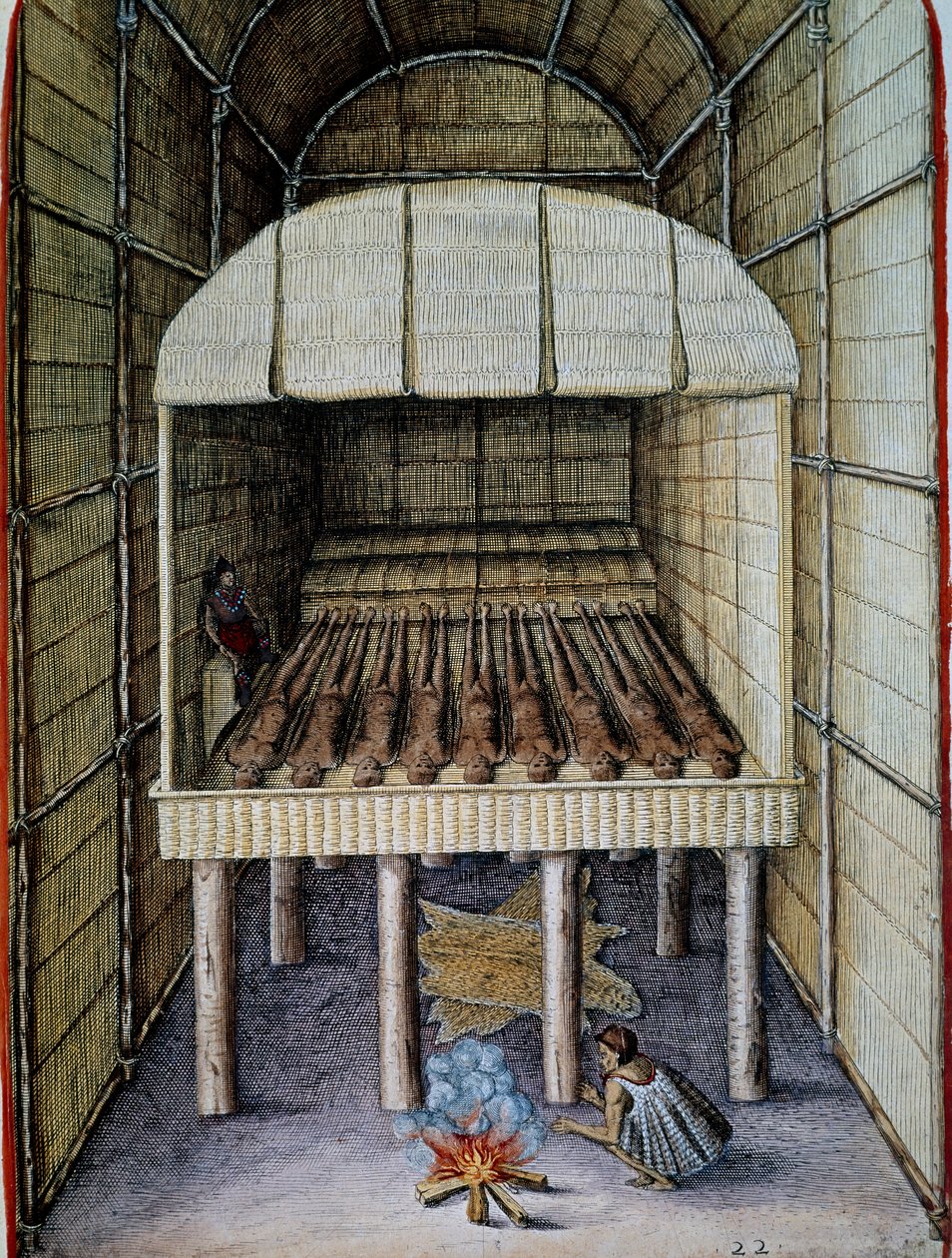 Leven van inboorlingen, begrafenis van doden, gegraveerd door Theodor de Bry, uit Admiranda Narratio, trust tamen, commodis et de incolarvm ritibvs Virginia, door Thomas Harriot, Noord-Amerika door Theodore de Bry
