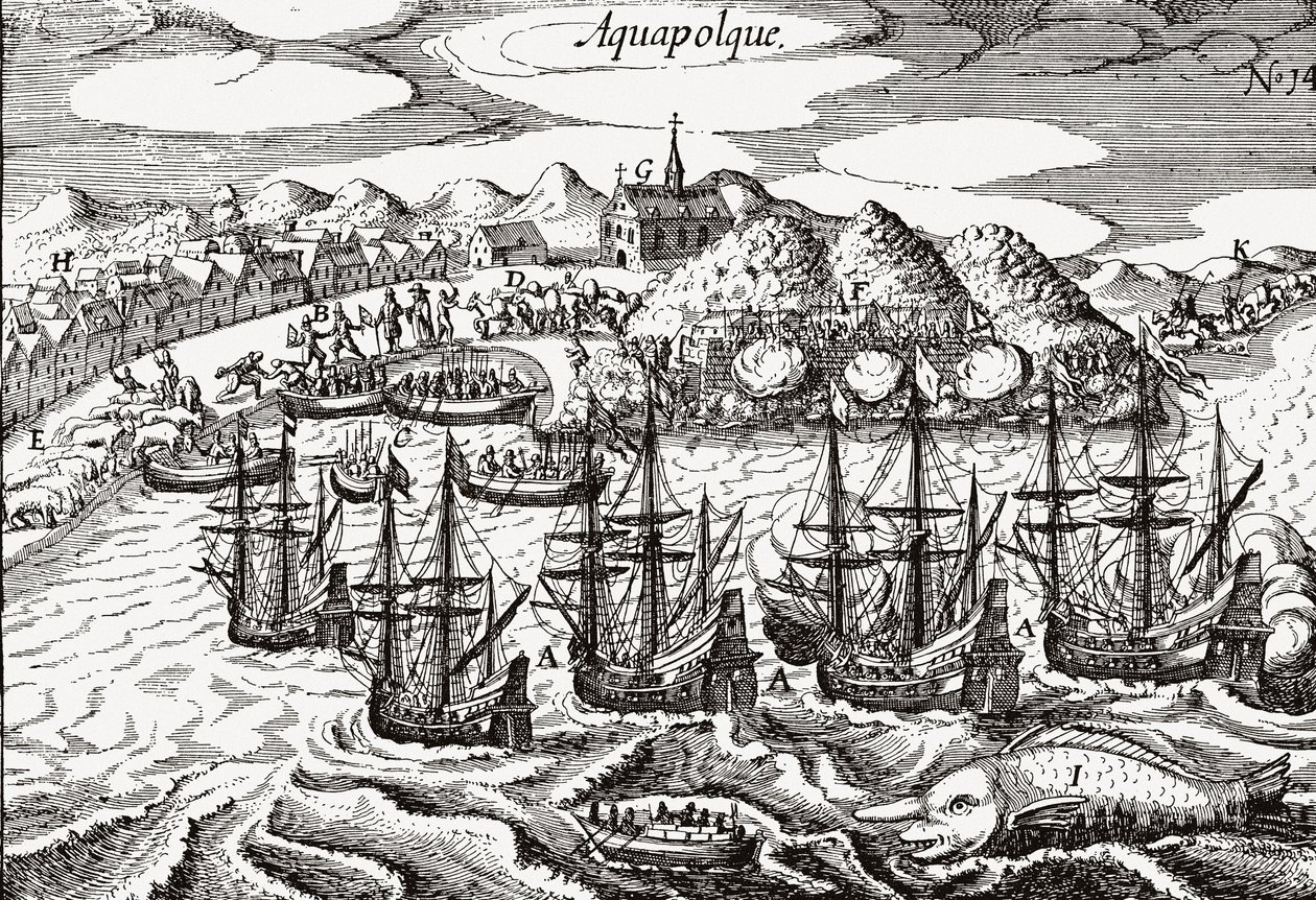 Mexico, Uitzicht op Acapulco - Mexico (Aquapolque), Theodore de Bry, ca. 1630. Vroeg uitzicht op de koloniale nederzetting in Acapulco, die de Spanjaarden gebruikten als belangrijkste haven voor hun handel met de Filippijnen. De haven is gevuld met galeien door Theodore de Bry