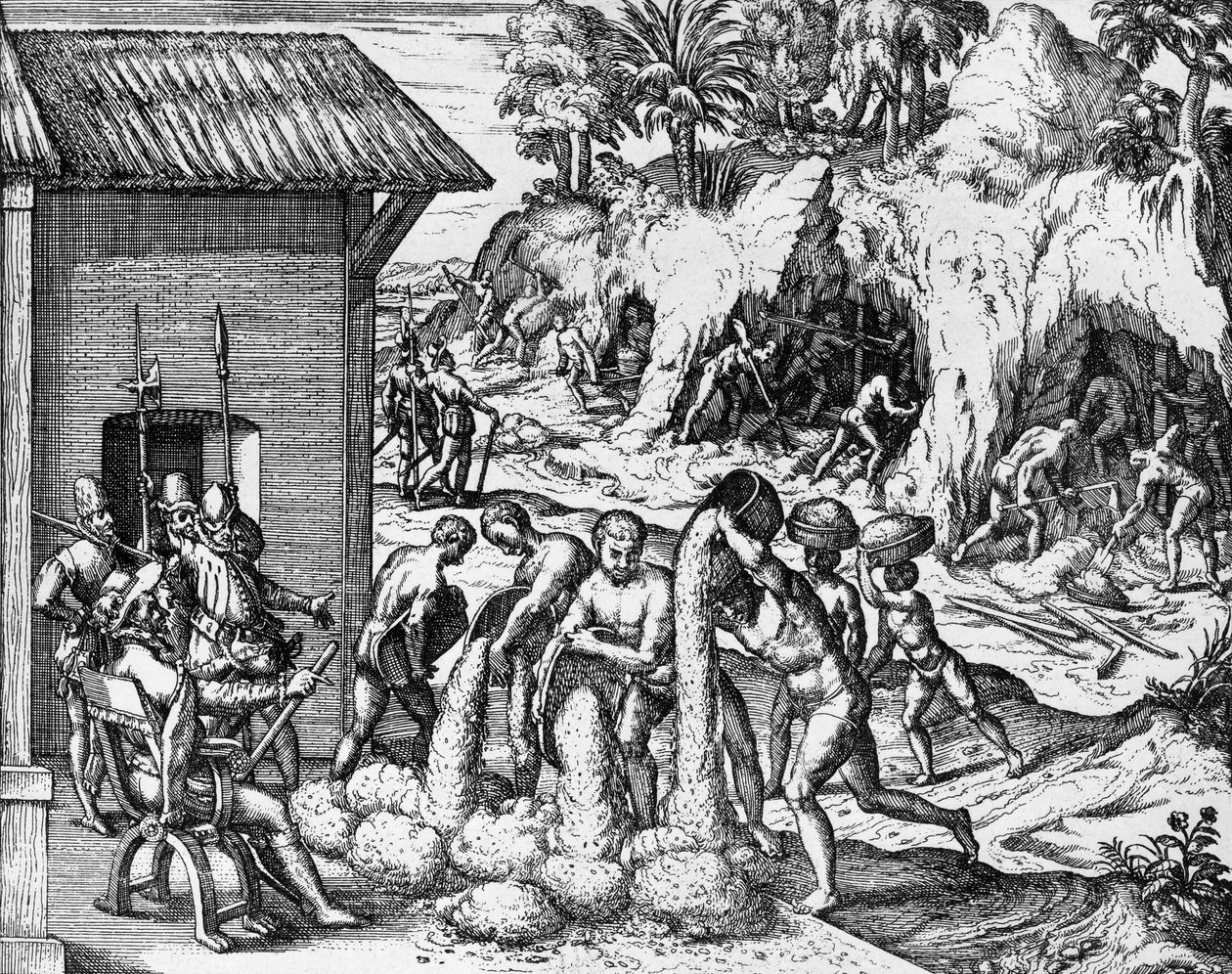 Mijnbouw voor mineralen in Midden- en Zuid-Amerika, gravure uit Americae pars V, door Theodor de Bry door Theodore de Bry