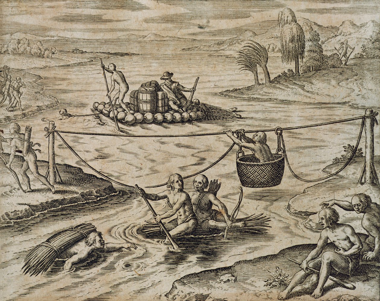 Inheemse Amerikaanse Indianen die rivierstromen afvaren door Theodore de Bry