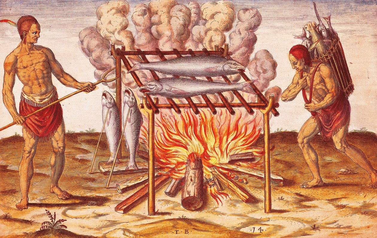 Hoe Indianen Vis Koken, Illustratie uit Admiranda Narratio door Theodore De Bry door Theodore de Bry