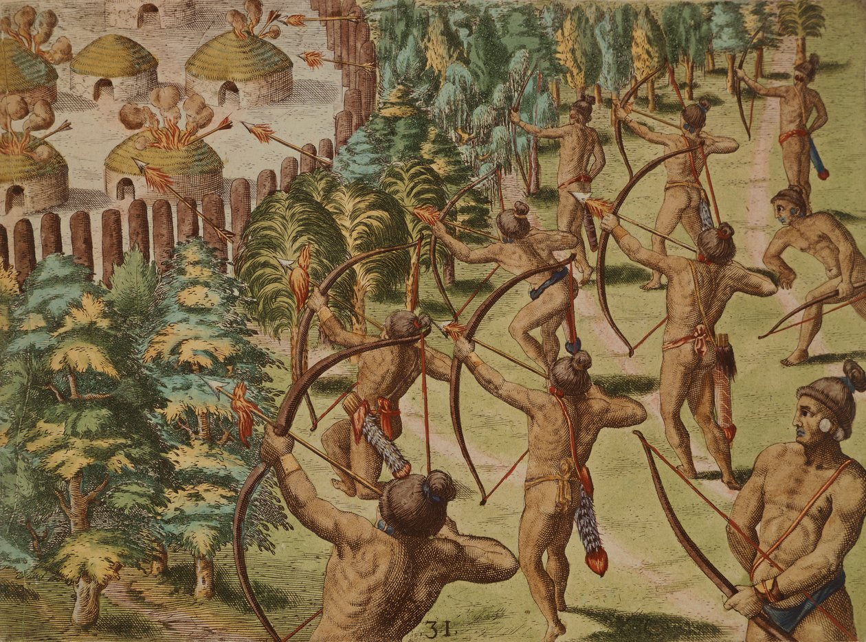 Nachtelijke aanval op een indianendorp met brandende pijlen door Theodore de Bry