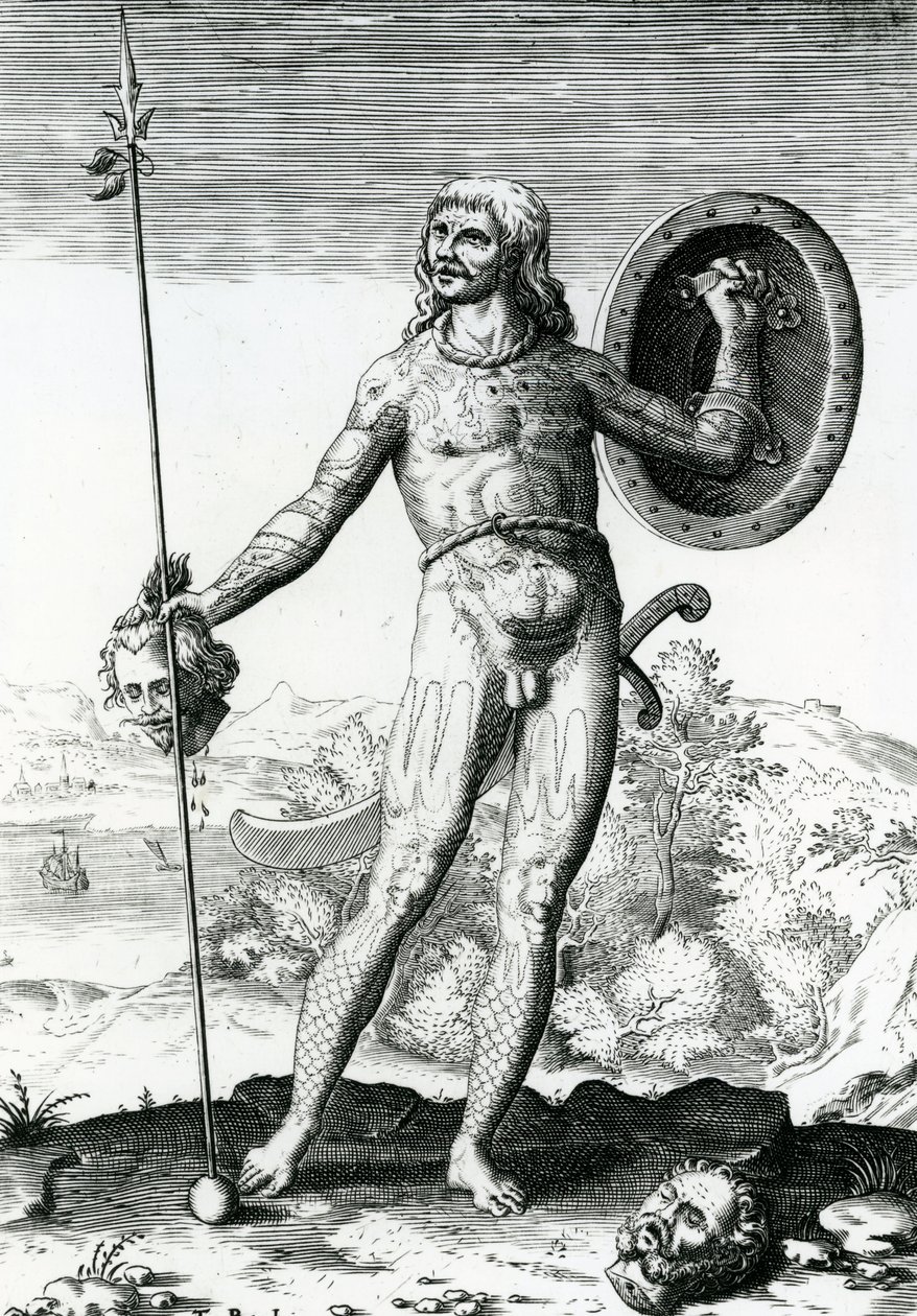 Pictische Man die een Menselijk Hoofd vasthoudt door Theodore de Bry