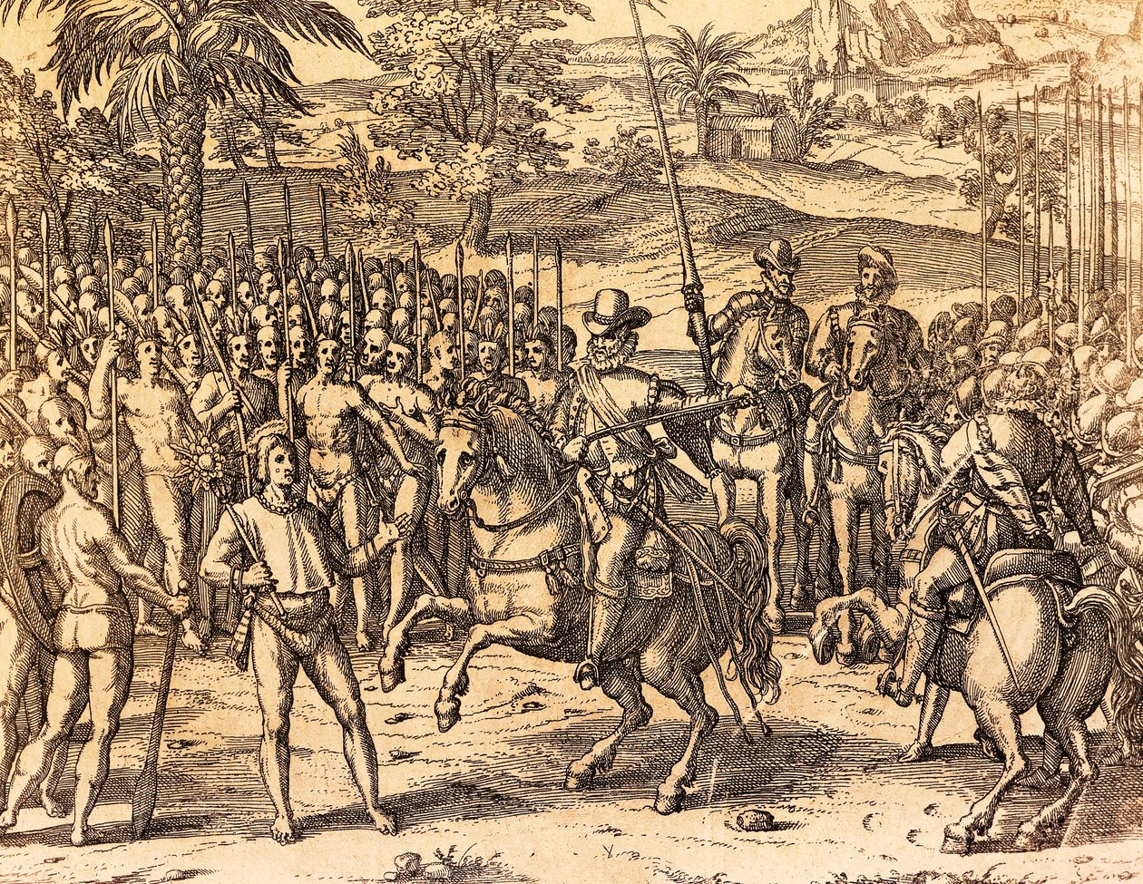 Pizarro verwelkomd door de inboorlingen door Theodore de Bry