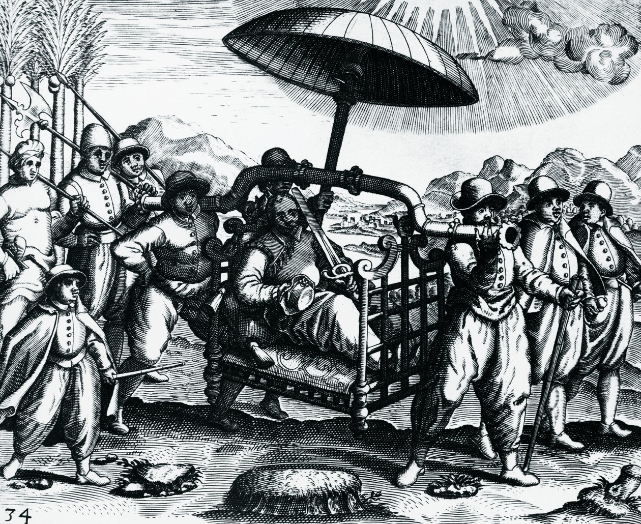 Portugezen in India, vervoerd op draagstoel, gravure uit Peregrinationes, door Theodor de Bry, India door Theodore de Bry