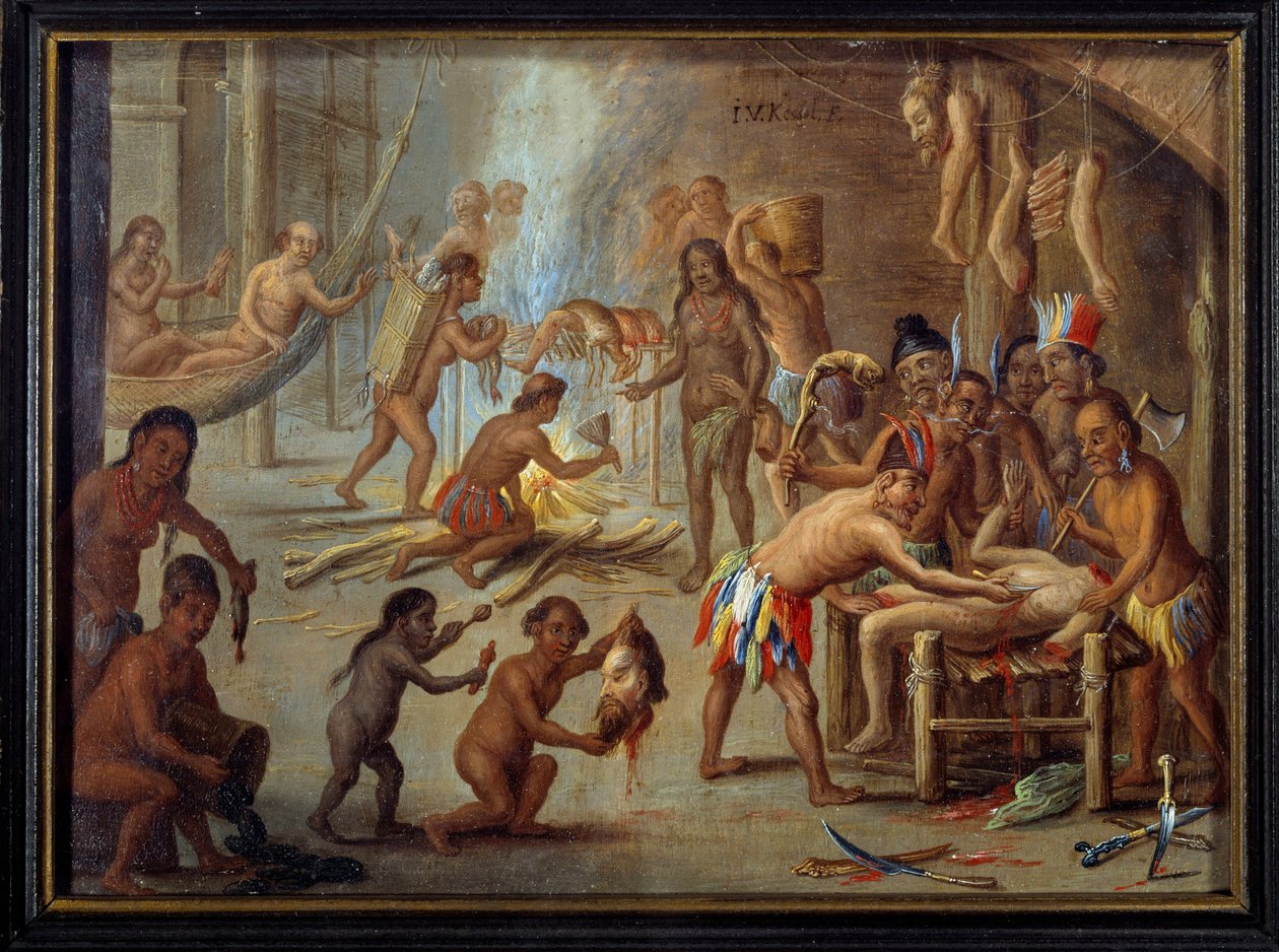 Scène van kannibalisme in Brazilië in 1644 De Indianen aten hun vijanden en gevangenen op door Theodore de Bry