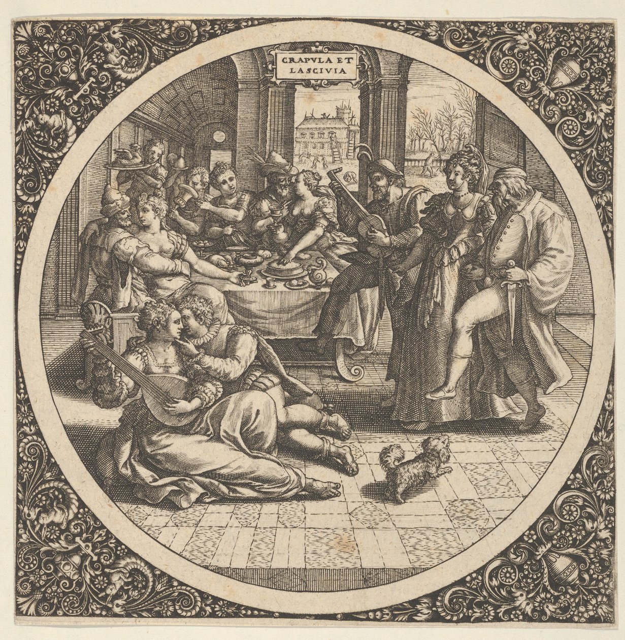 Scène met Galanten bij een Banket in een Cirkel in het Midden door Theodore de Bry