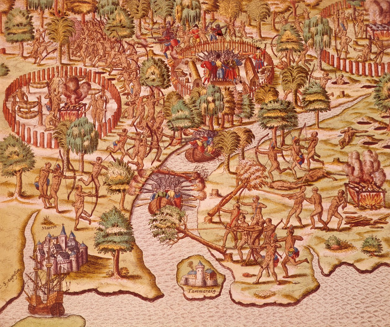 Belegering en aanvalstactieken in botsingen tussen inboorlingen en veroveraars door Theodore de Bry