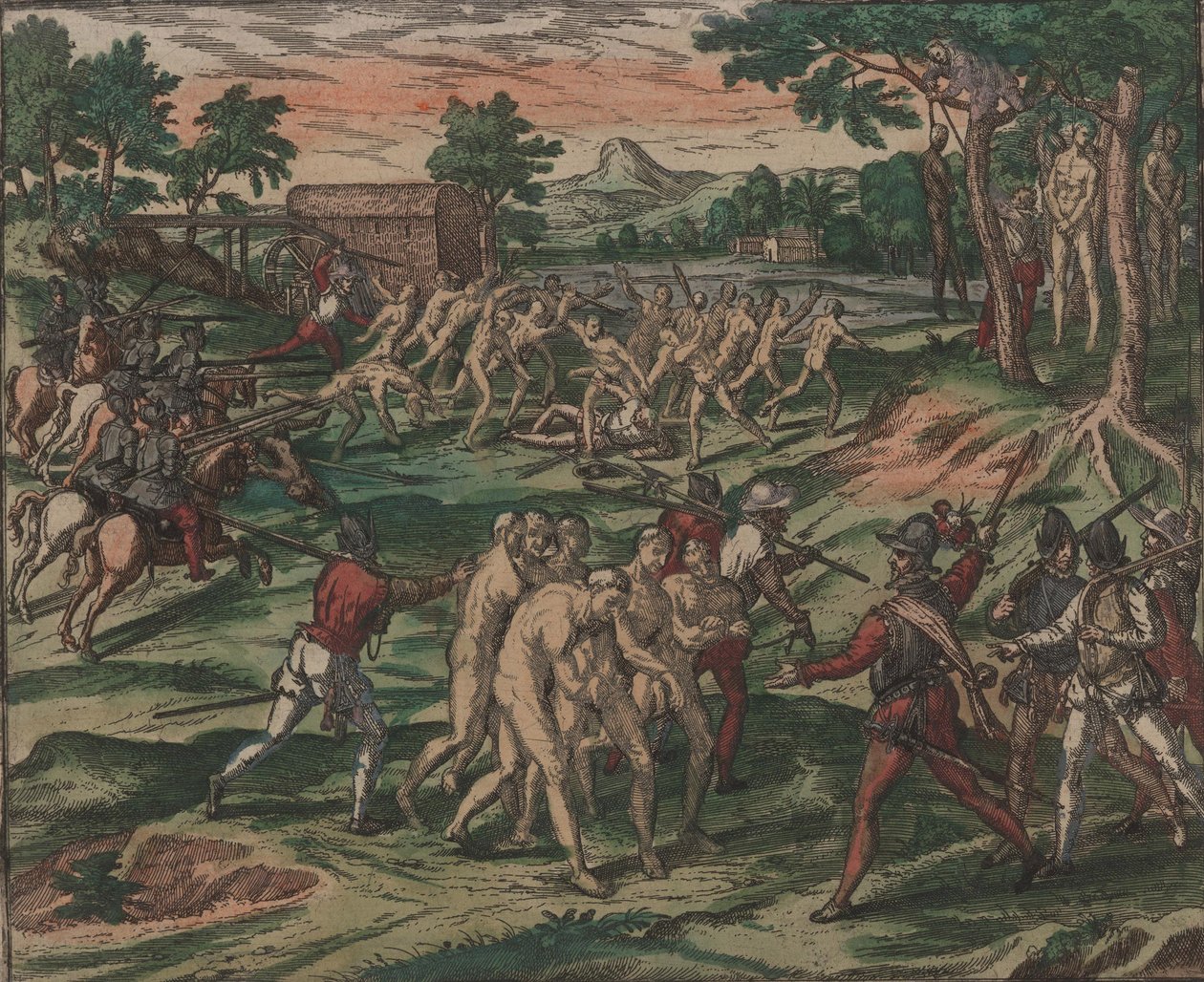 Slaven proberen hun Spaanse eigenaren te overmeesteren, maar worden gevangen en opgehangen aan bomen door Theodore de Bry