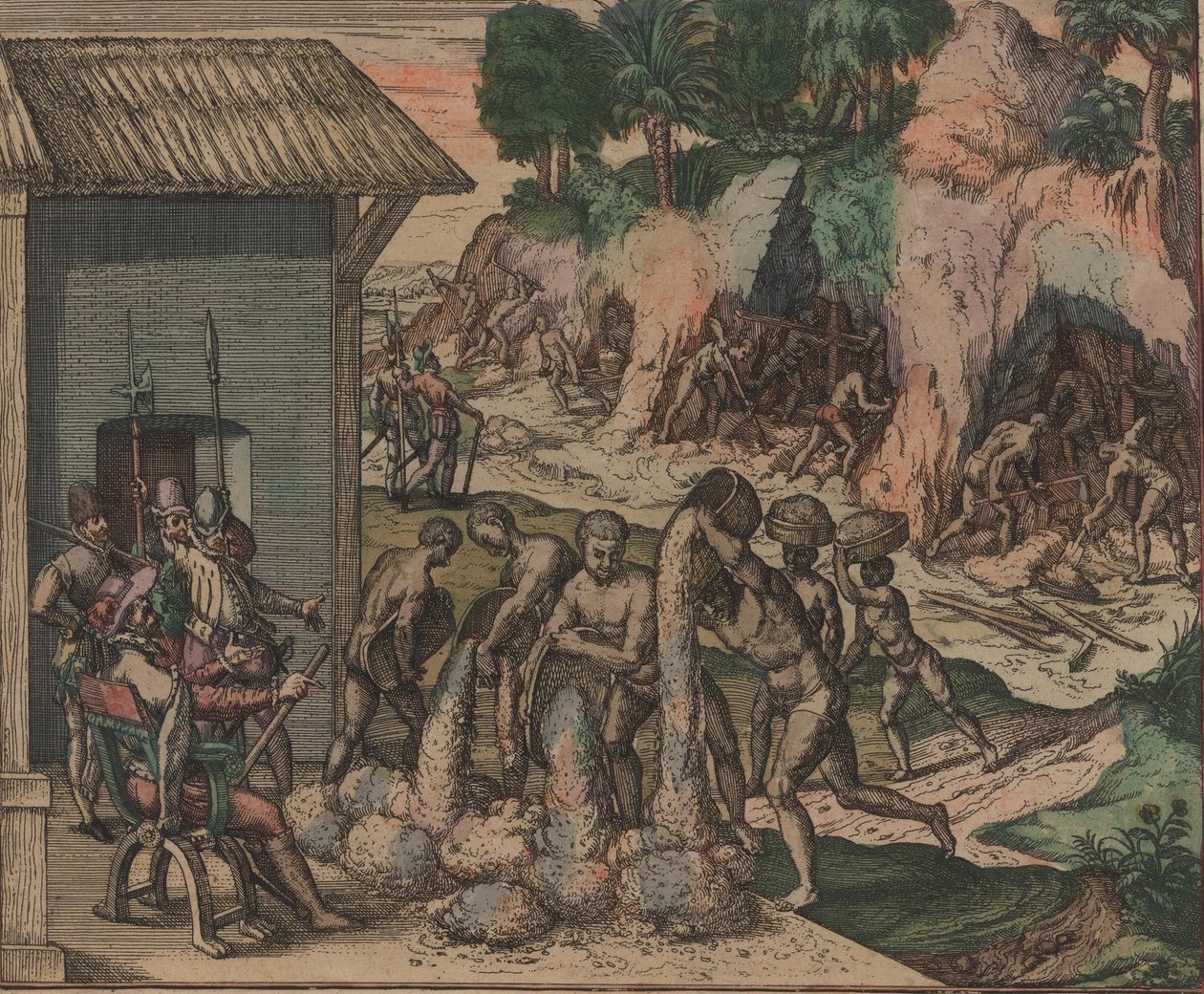Slaven gieten erts voor Europese soldaten. Op de achtergrond werken slaven in de mijnen, 1595 door Theodore de Bry