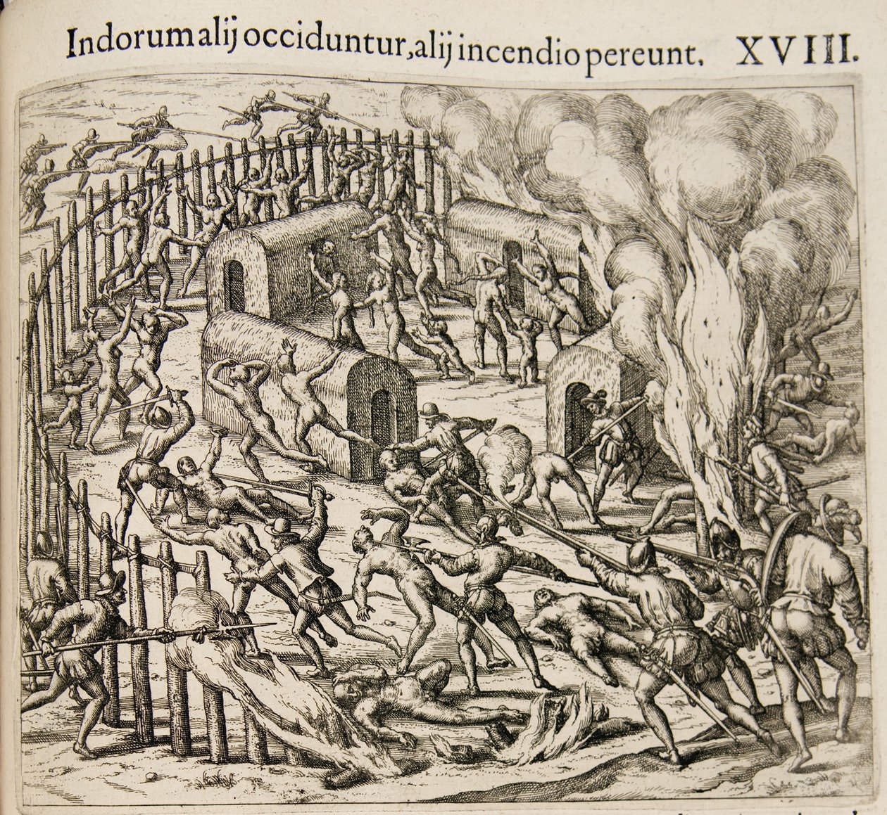 Sommige indianen worden gedood, sommigen sterven in een brand. Uit: Americae pars quarta door Theodore de Bry