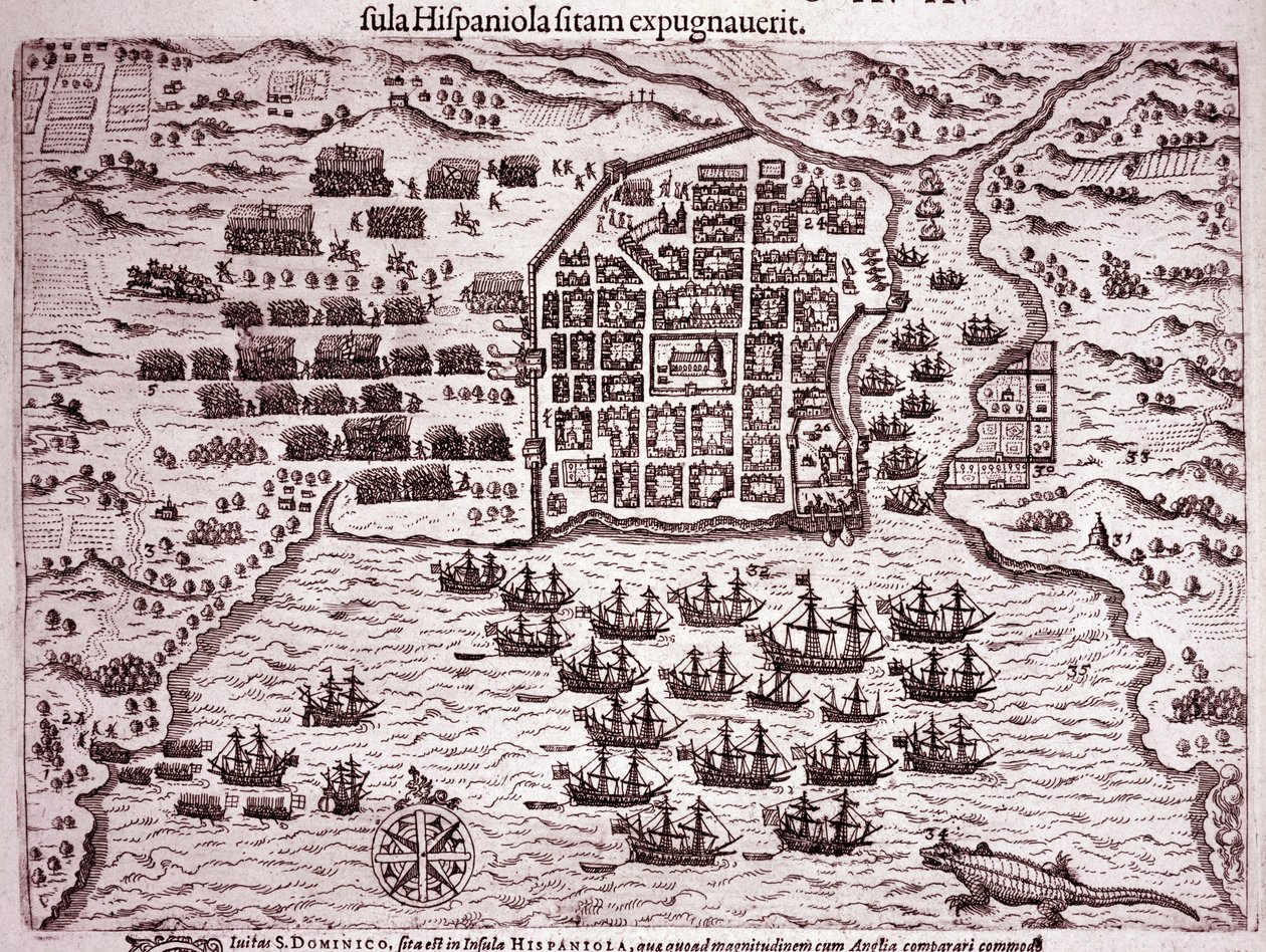 De vloot van Francis Drake bezet het eiland Santo Domingo (Gravure) door Theodore de Bry