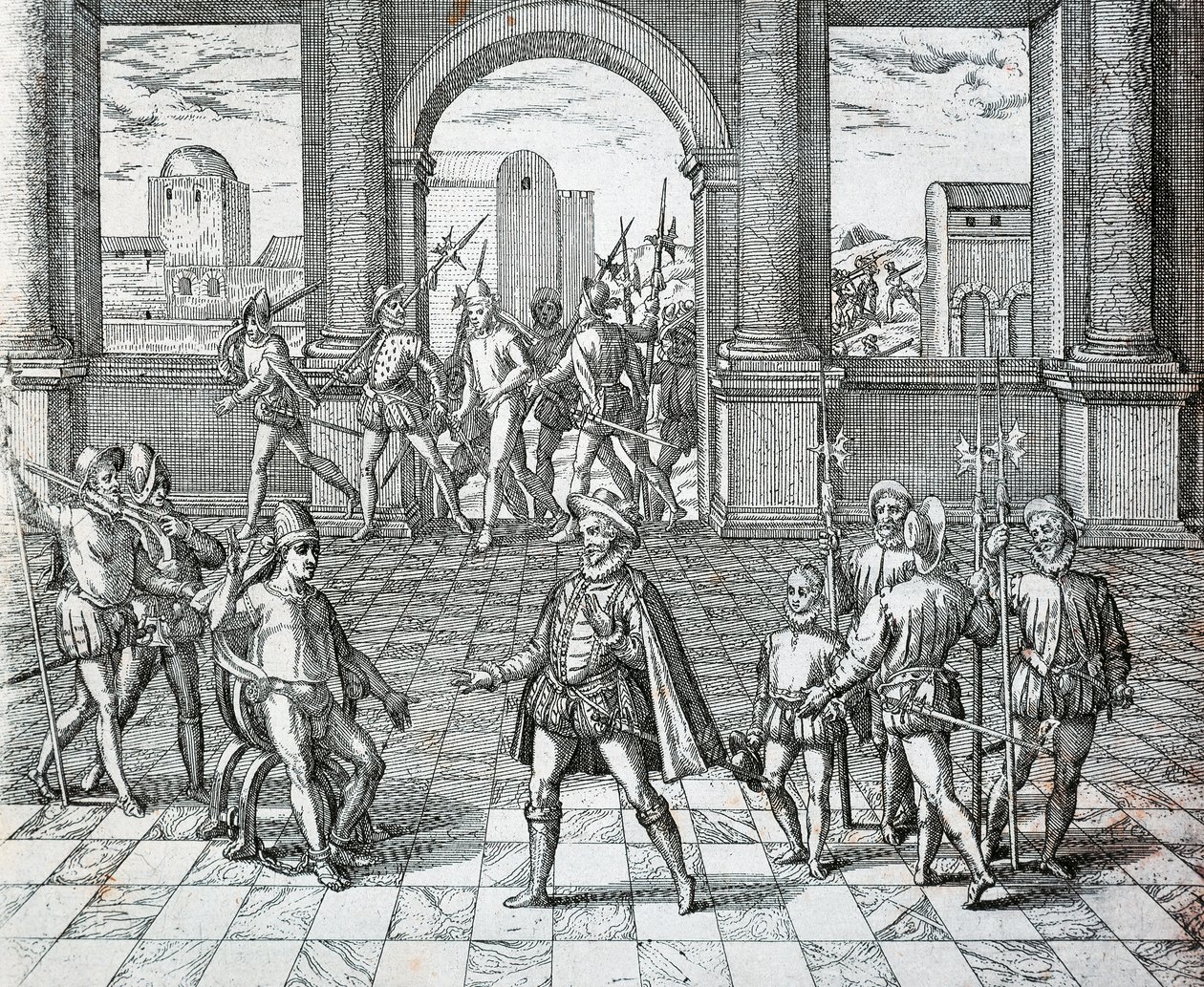 De Inca koning Atahualpa gevangen genomen door Spanjaarden in Cajamarca, Illustratie uit Amerikaanse Geschiedenis door Theodore de Bry