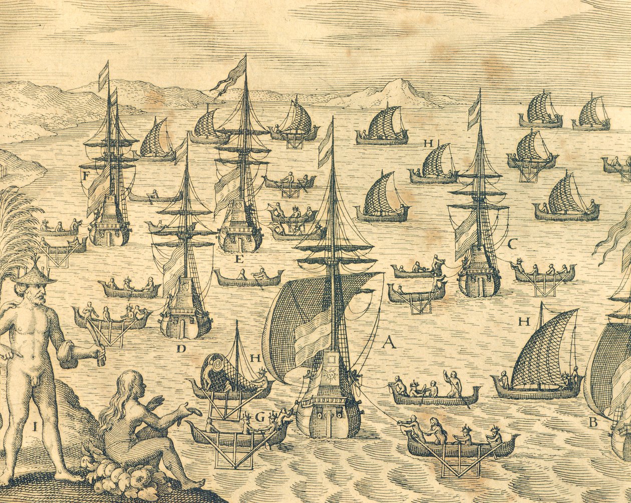 Het eiland van dieven, gravure uit Amerikaanse geschiedenis door Theodore de Bry, Noord-Amerika 17e eeuw door Theodore de Bry