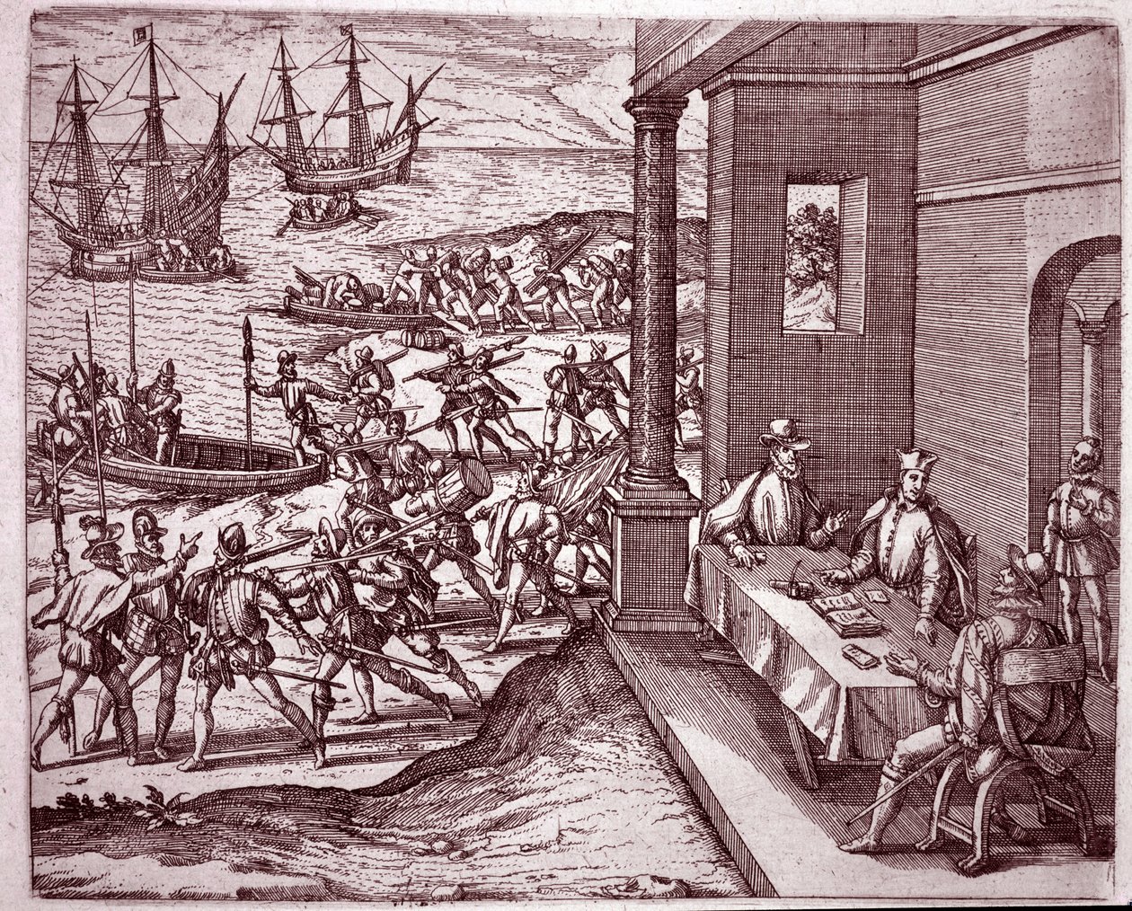 De Spaanse conquistadores Francisco Pizarro, Diego de Almagro en Hernando de Luque bundelden hun krachten om Peru te veroveren door Theodore de Bry