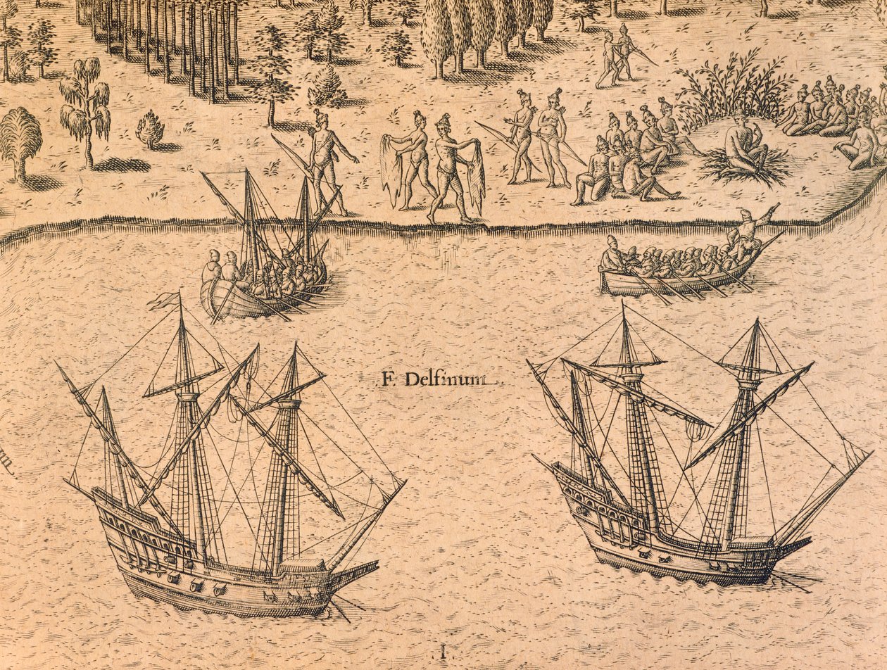 De aankomst van Franse schepen in Florida door Theodore de Bry