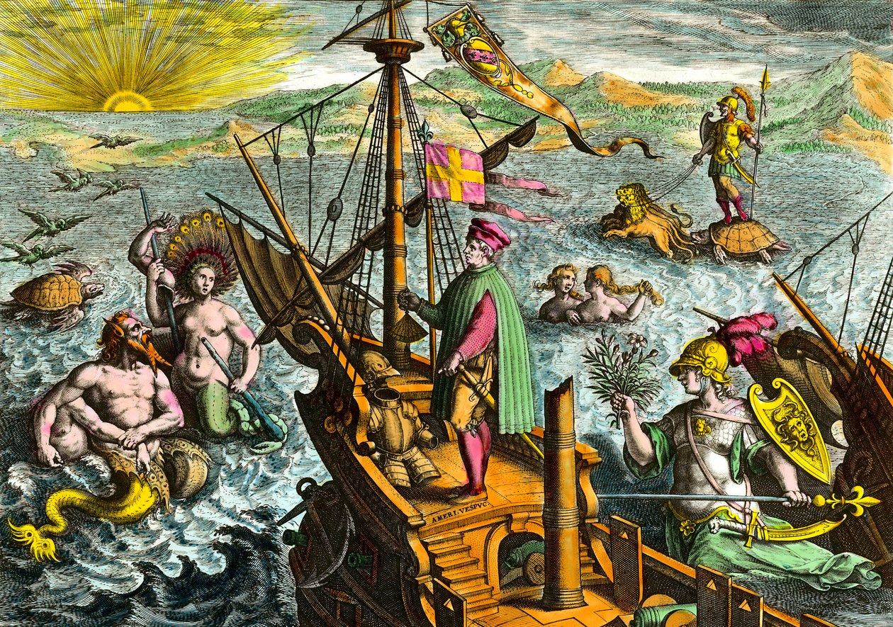 Het schip van de Italiaanse navigator Amerigo Vespucci (1454 - 1512) door Theodore de Bry