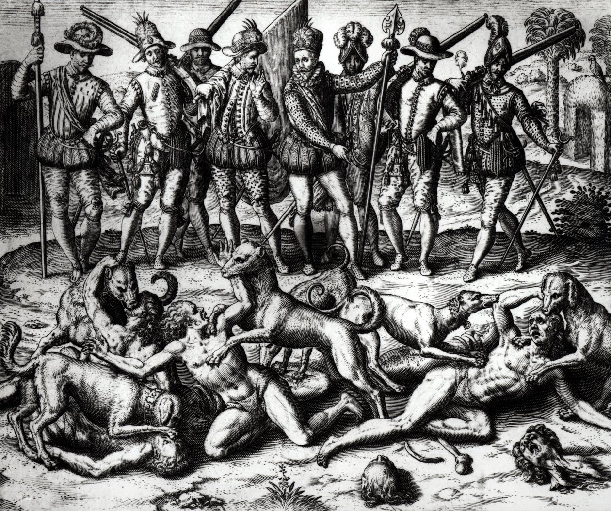 De honden van Vasco Nunez de Balboa vallen de Indianen aan door Theodore de Bry
