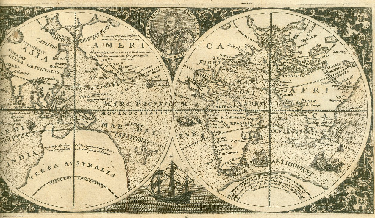 Titelpagina van Americae Pars VIII met een portret van Francis Drake en zijn schip, de Golden Hind door Theodore de Bry