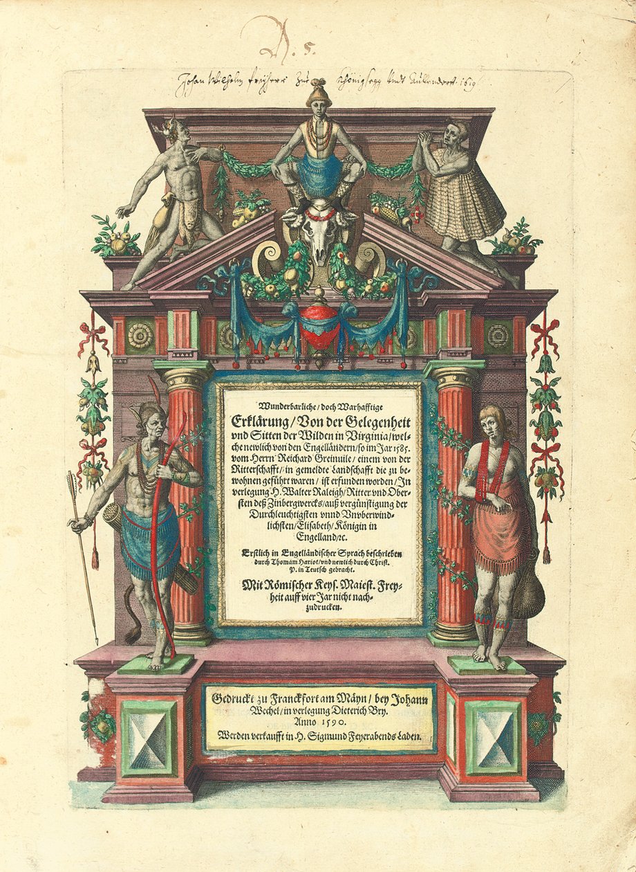 Titelpagina van de eerste Duitse editie van het eerste deel van "Grote Reizen: Amerika", 1590 door Theodore de Bry