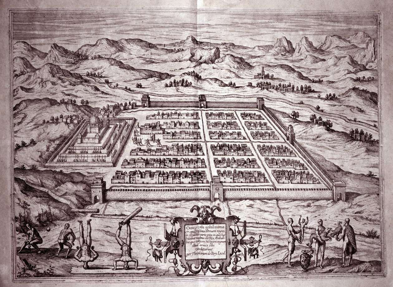 Zicht op de Inca-stad Cuzco, Peru (Gravure) door Theodore de Bry
