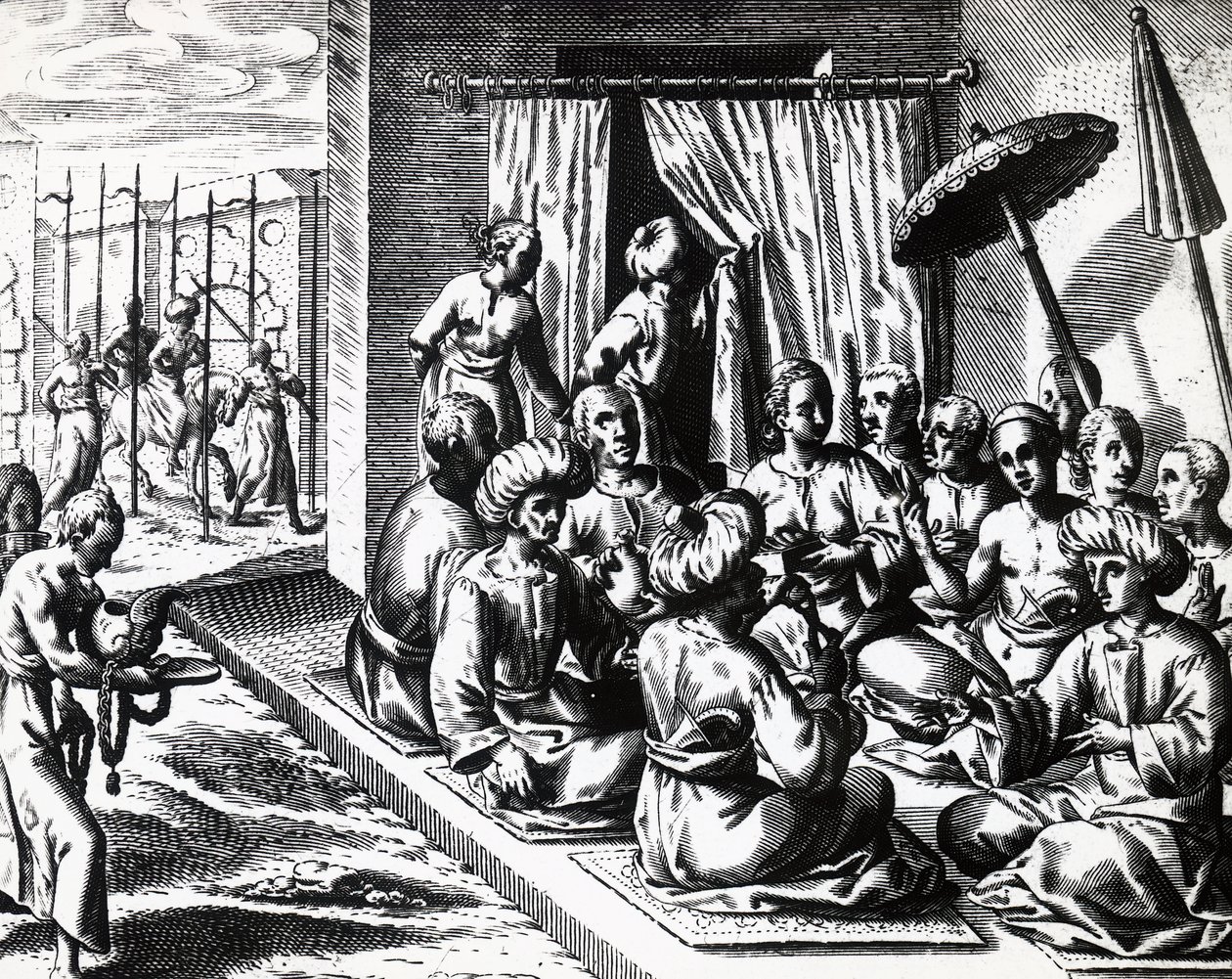 Huwelijksceremonie in Bantam, Java-eiland, gravure door Theodore de Bry
